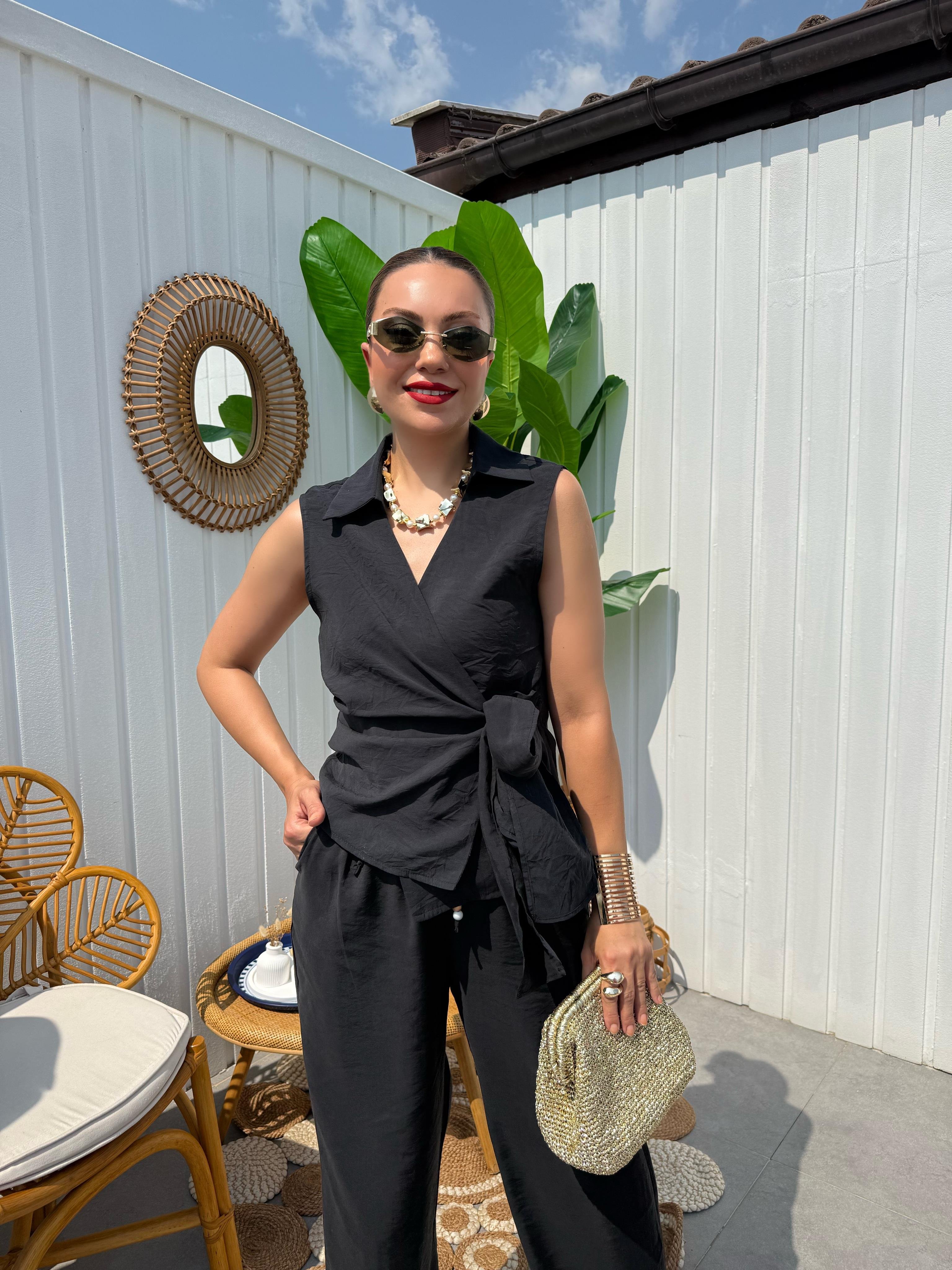 10292 Önden Bağlamalı Kolsuz Bluz Pantolon Takım