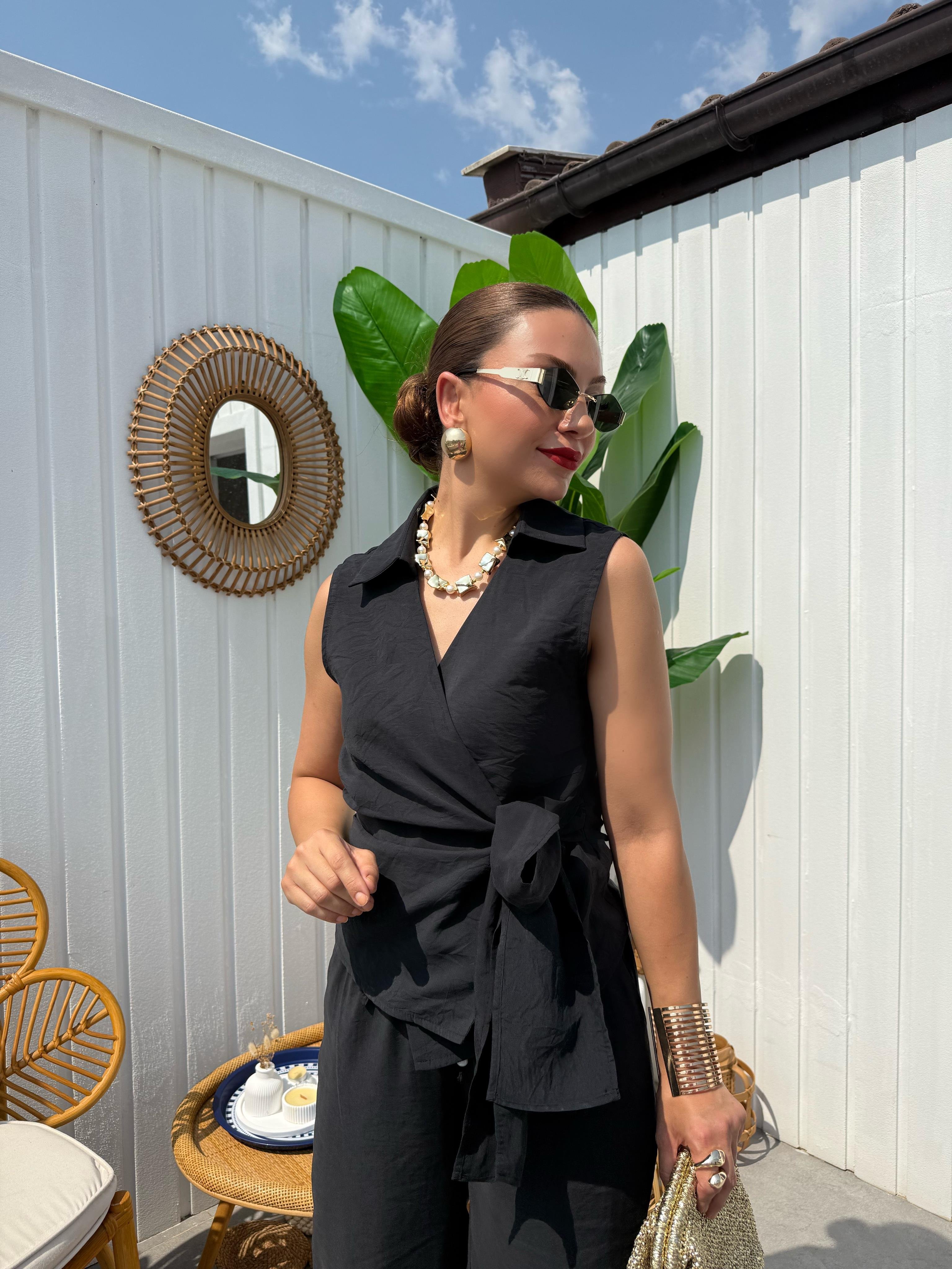 10292 Önden Bağlamalı Kolsuz Bluz Pantolon Takım