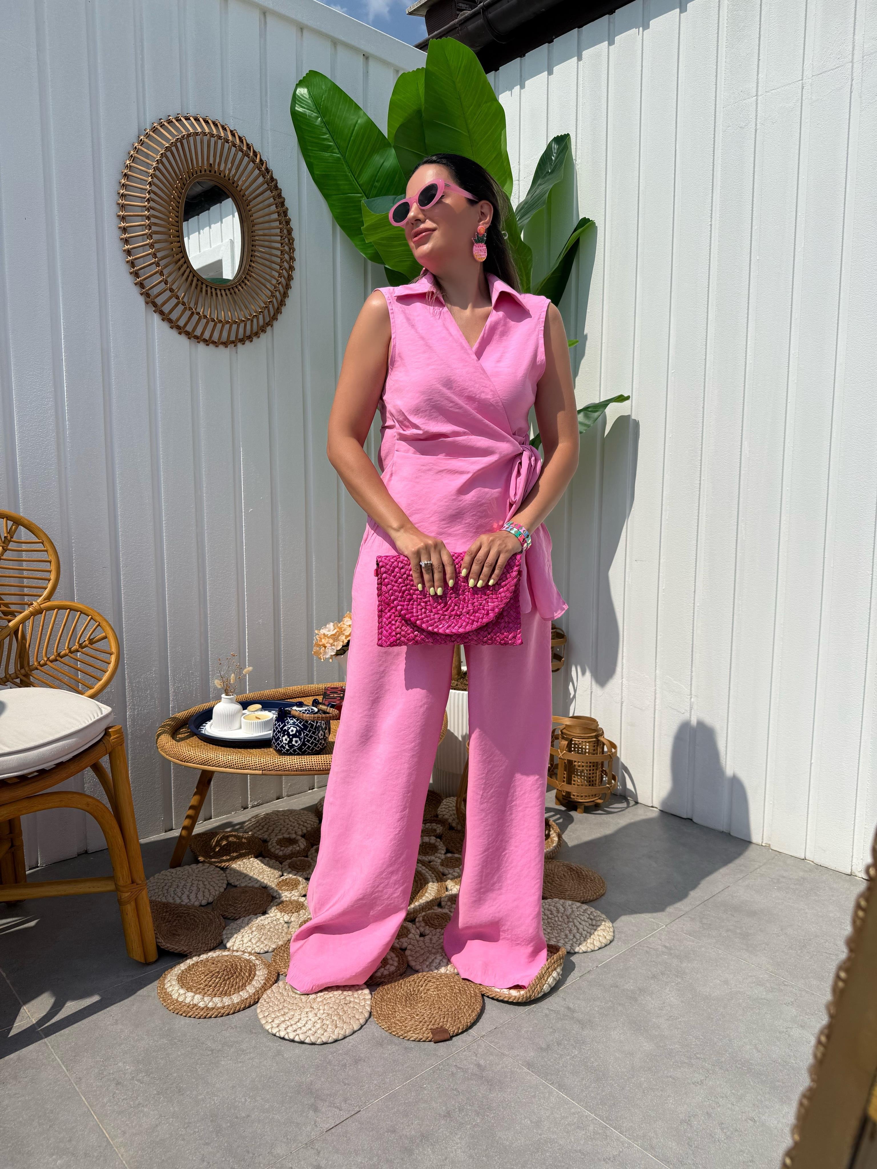 10292 Önden Bağlamalı Kolsuz Bluz Pantolon Takım