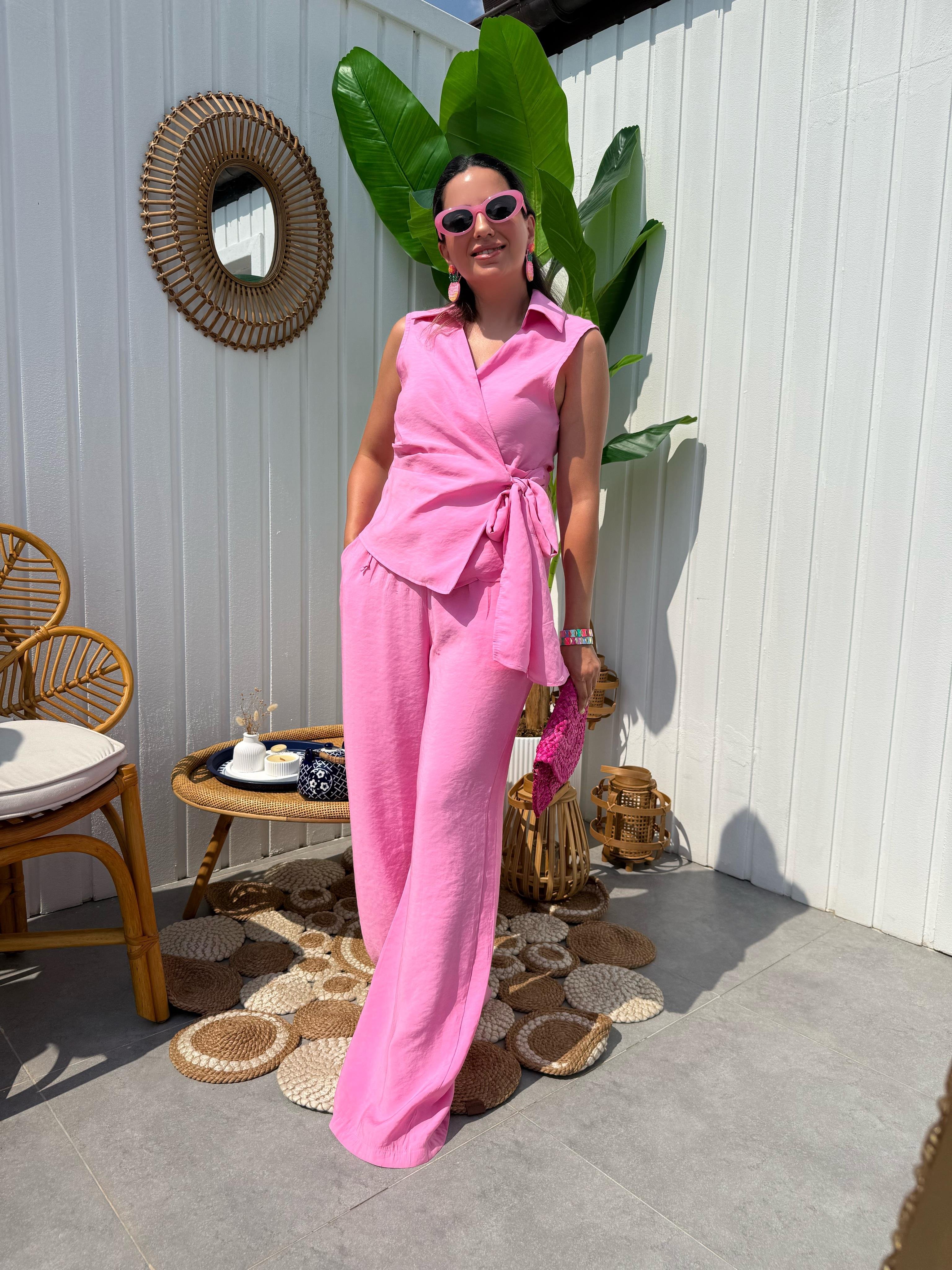 10292 Önden Bağlamalı Kolsuz Bluz Pantolon Takım