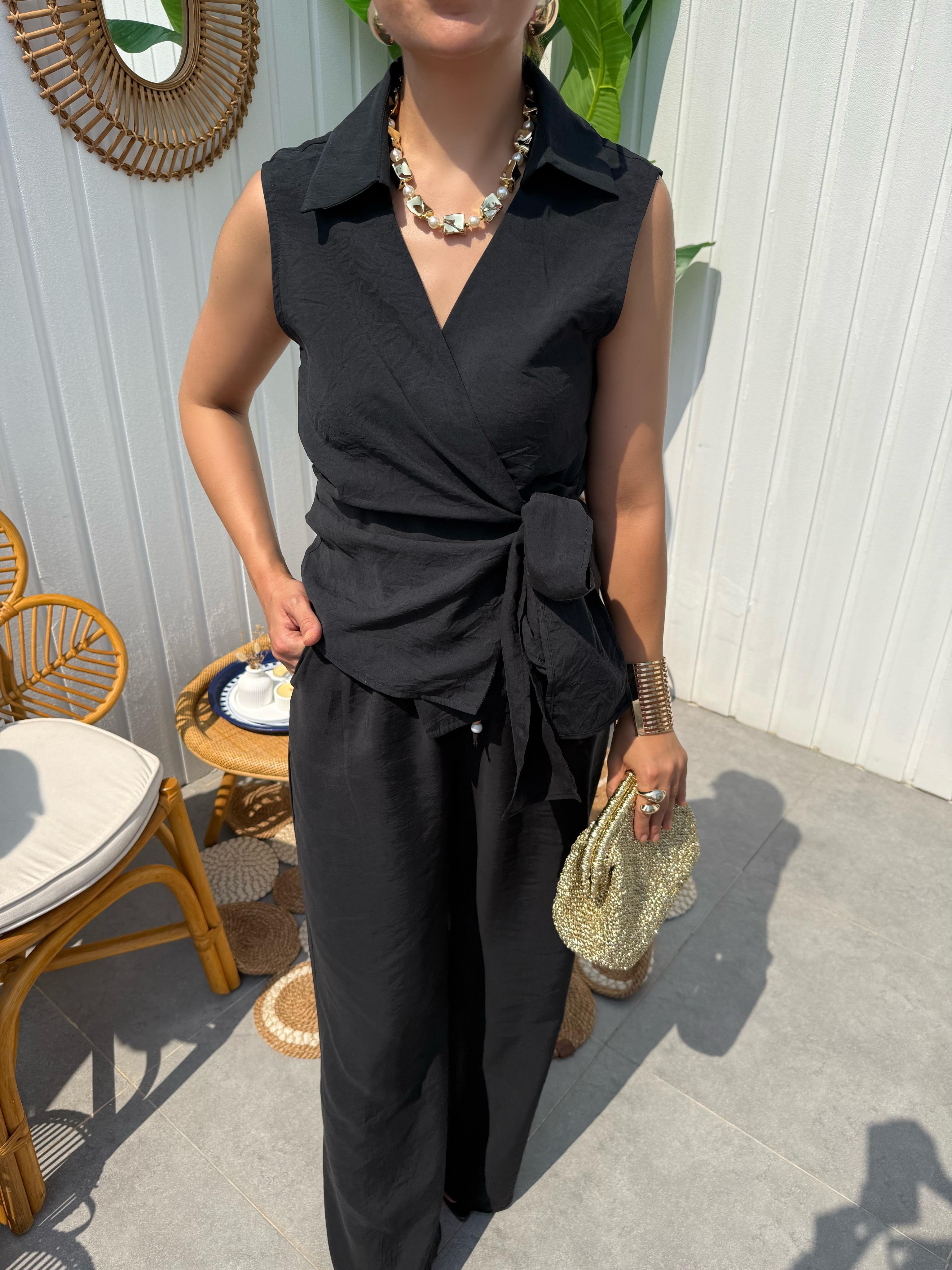 10292 Önden Bağlamalı Kolsuz Bluz Pantolon Takım