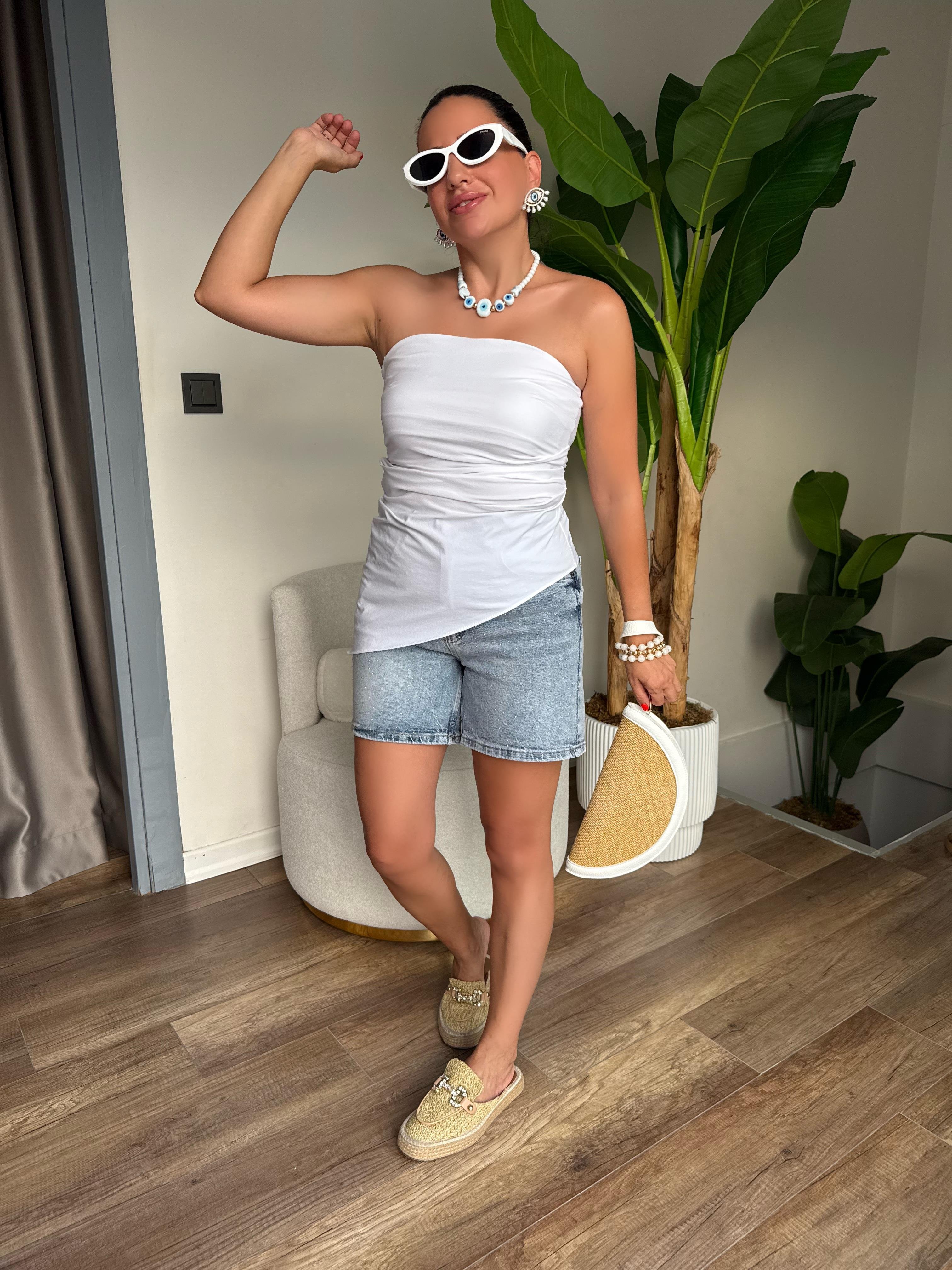 10293 Straplez Büzgü Detaylı Bluz