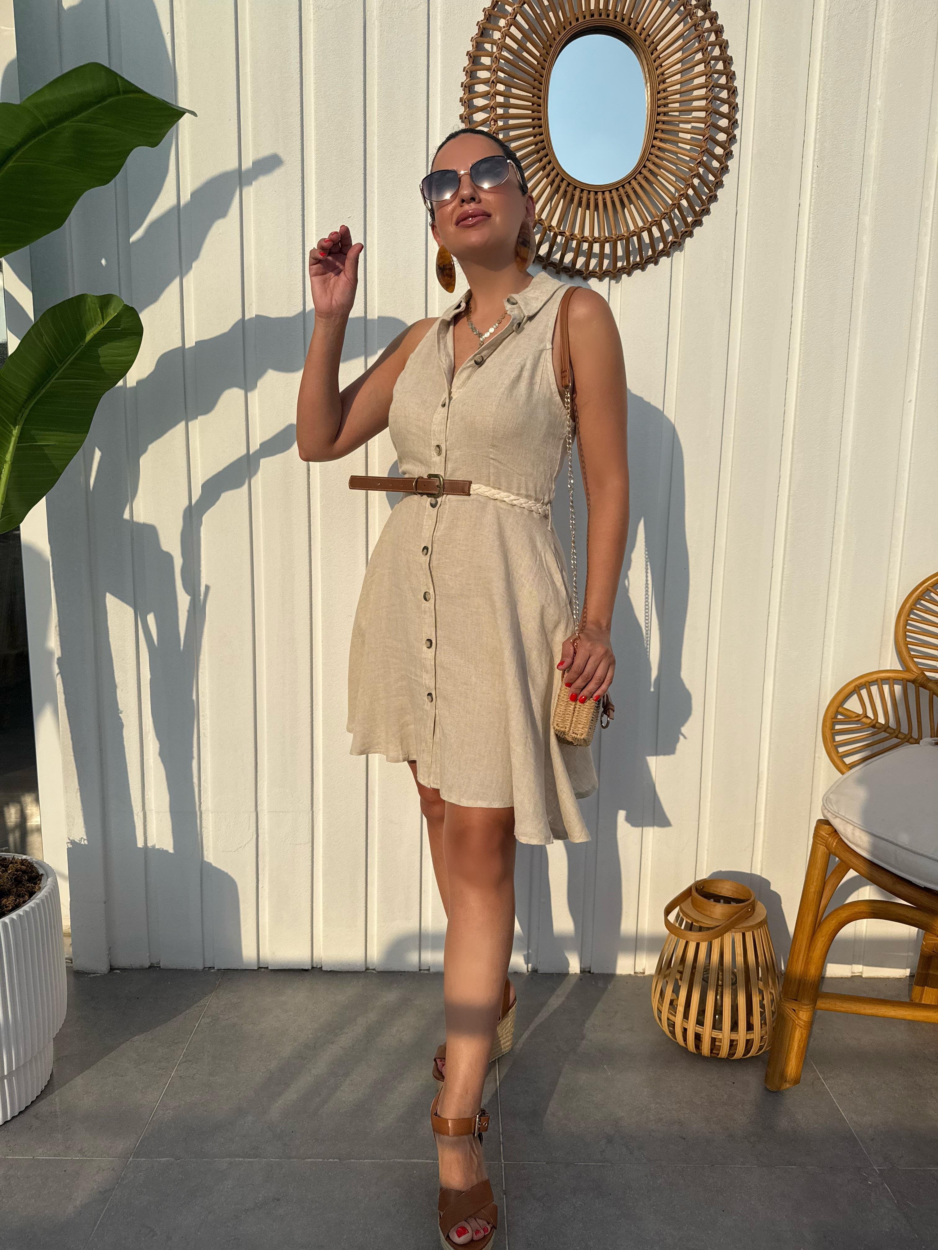 10329 Keten Düğmeli Elbise