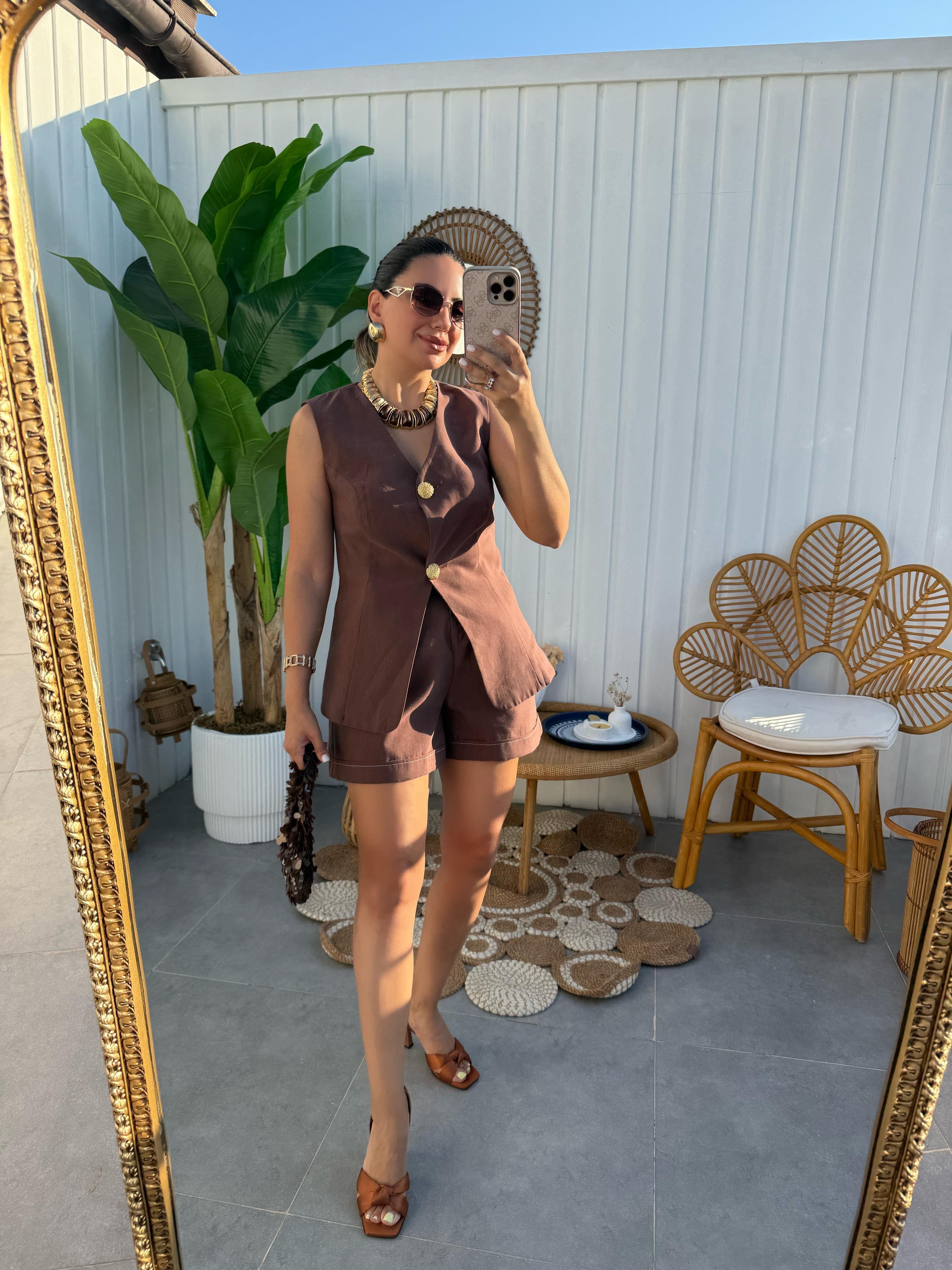 10360 Gold Düğmeli Hasır Kemerli Şort Takım