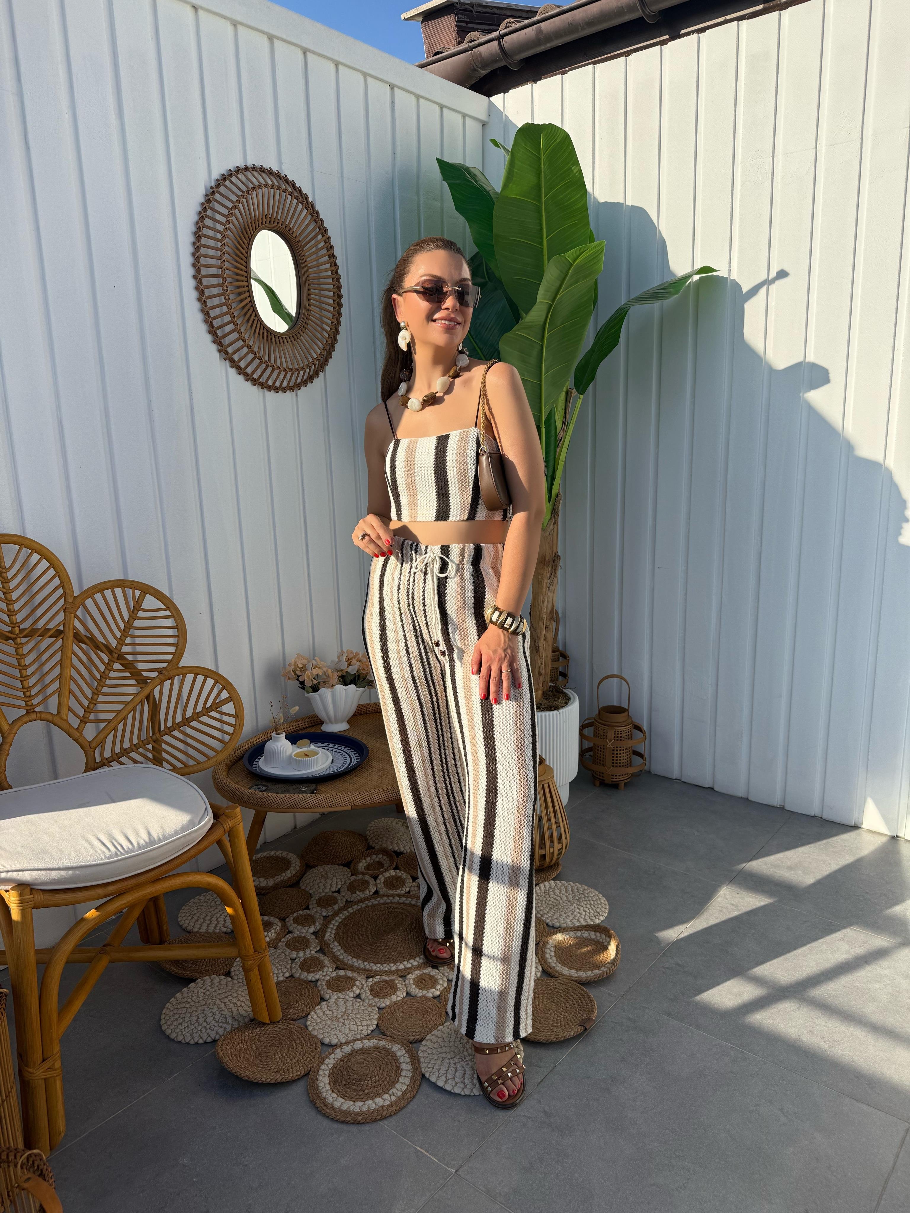 10361 Kahve Bej Çizgili Pantolon Bluz Takım