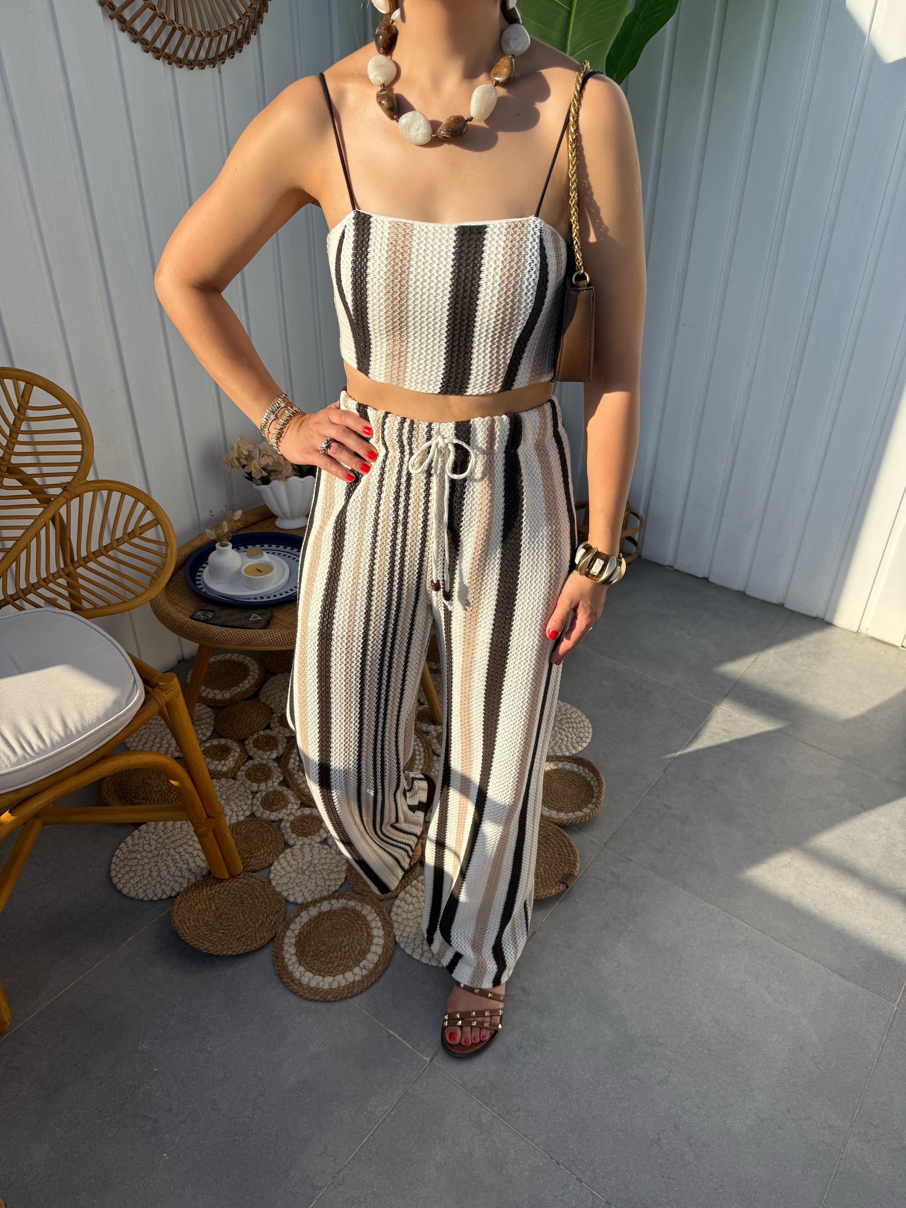 10361 Kahve Bej Çizgili Pantolon Bluz Takım