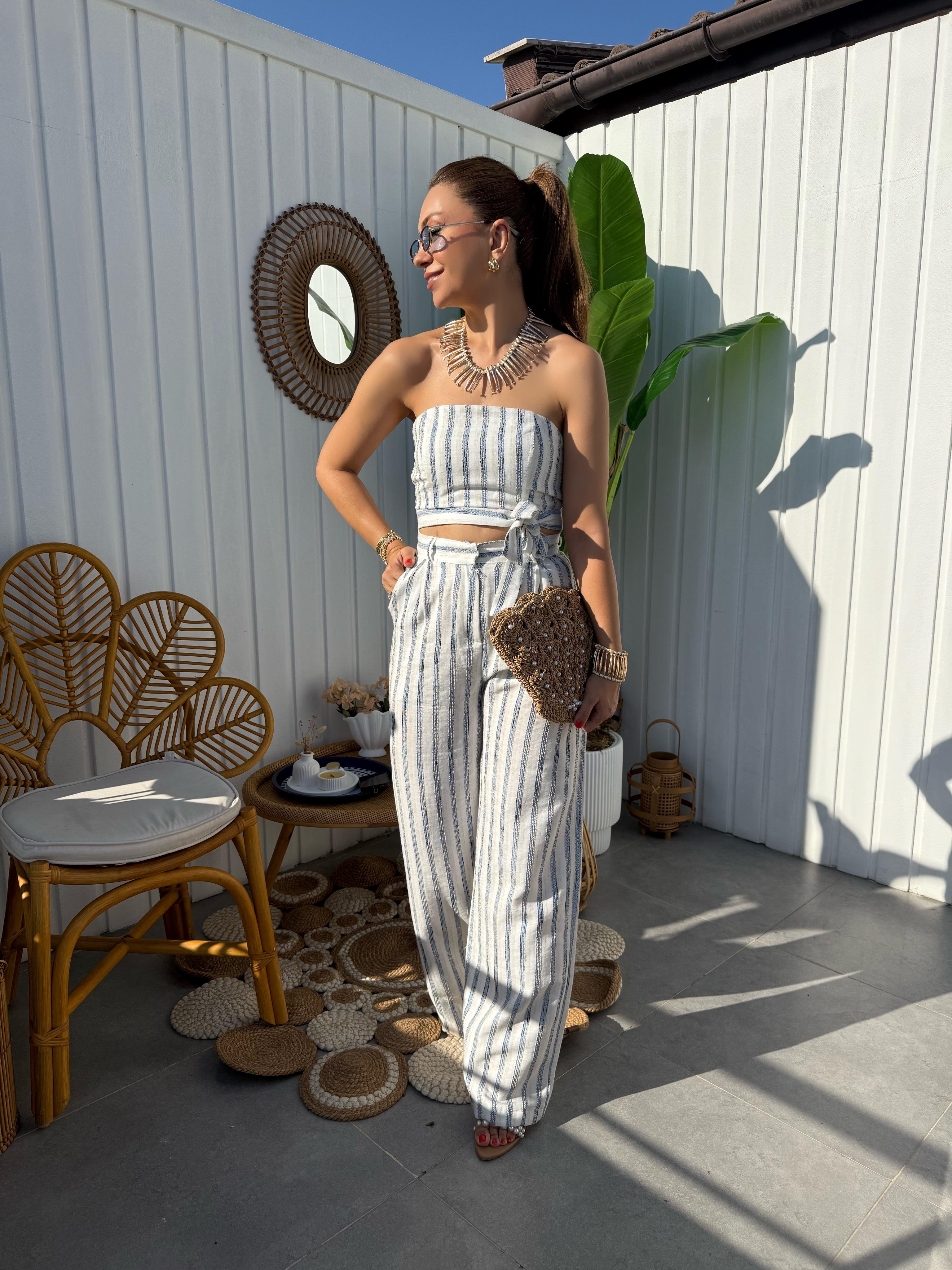 10367 Mavi Çizgili Pantolon Bluz Takım