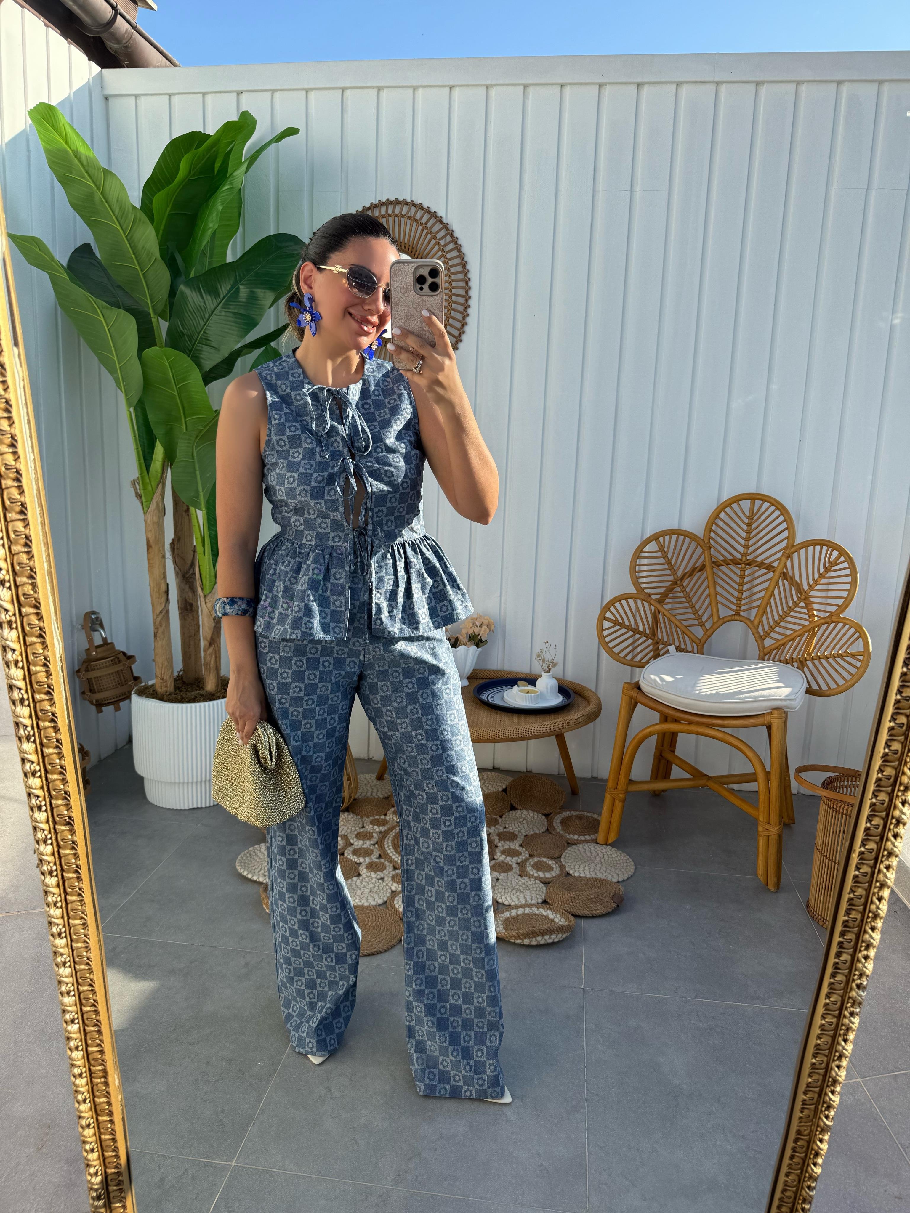 10368 İndigo Çiçek Desenli Pantolon Bluz Takım
