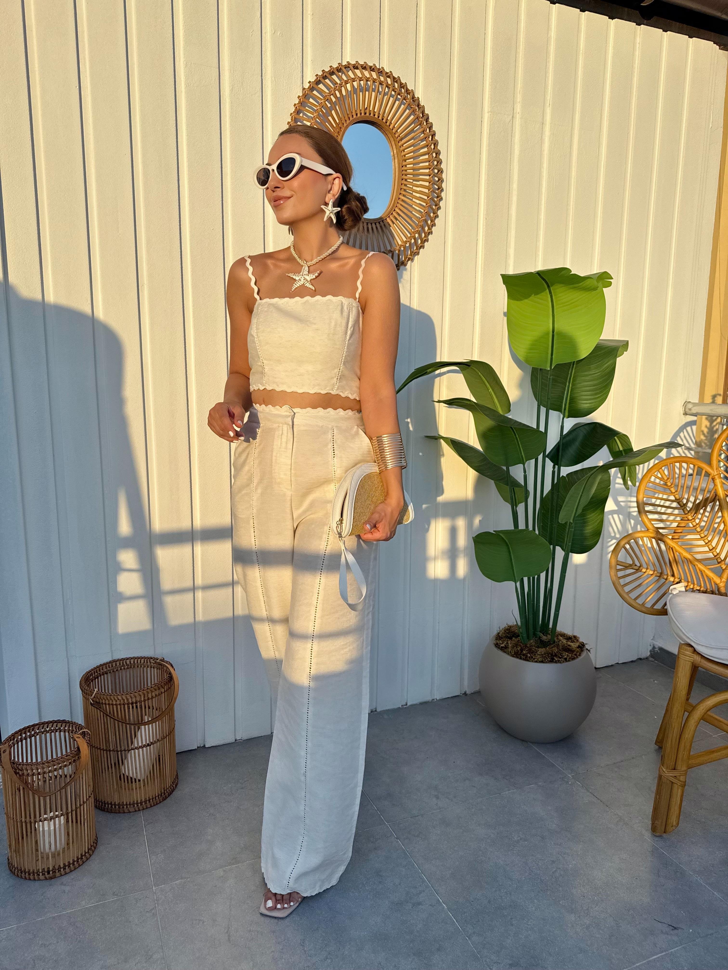 10384 Krem Şeritli Bluz Pantolon Takım