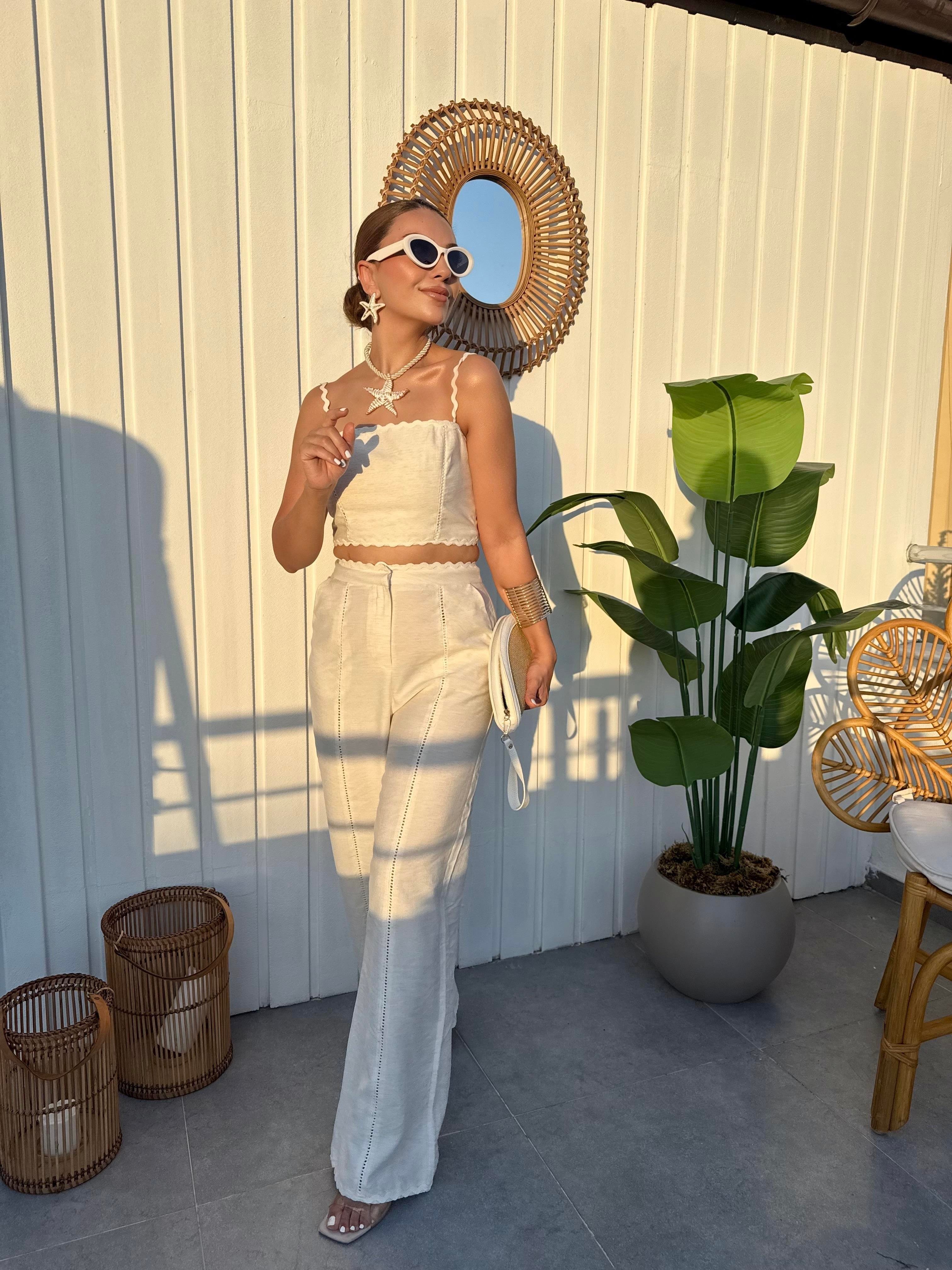 10384 Krem Şeritli Bluz Pantolon Takım