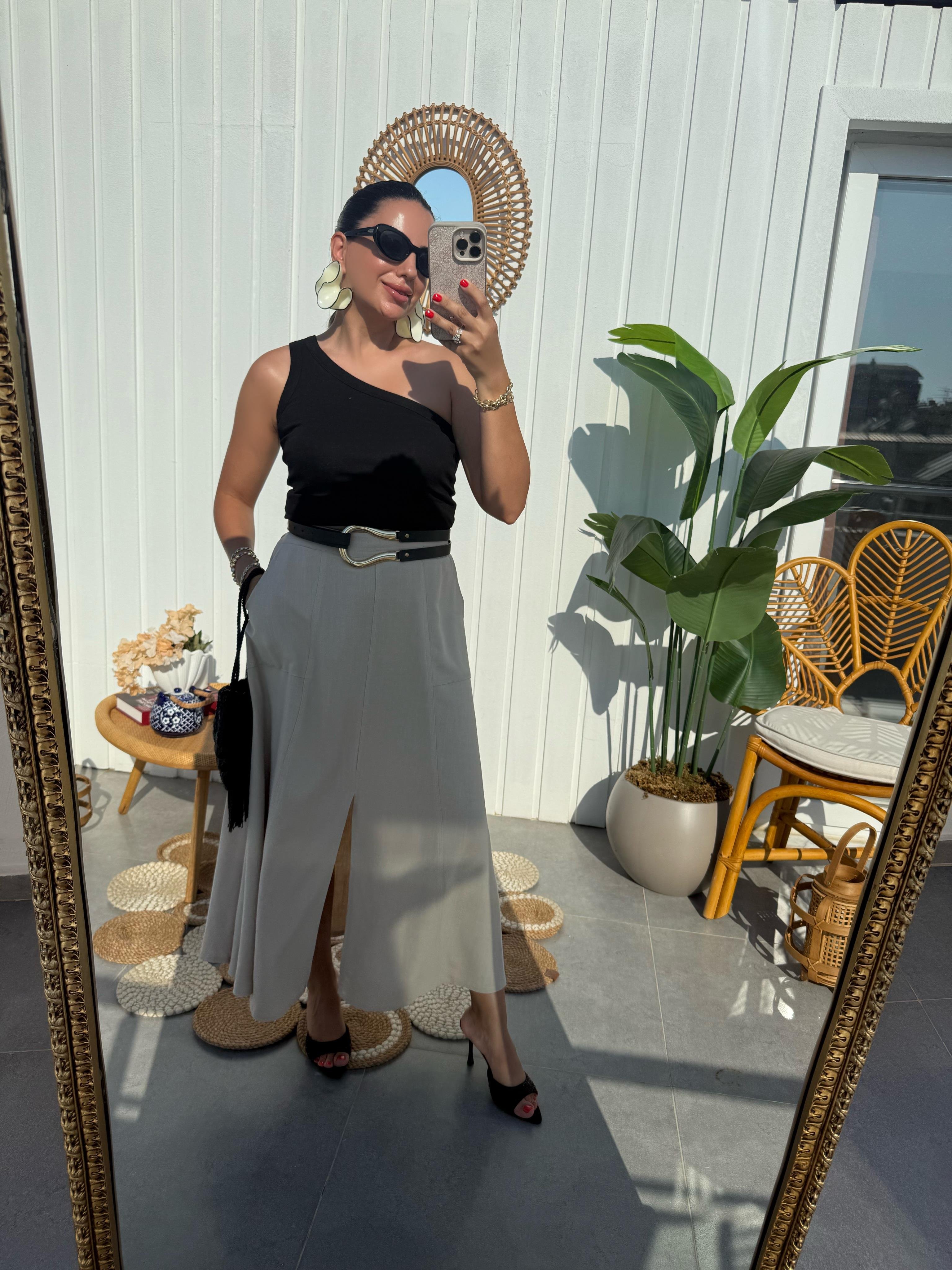 10393 Beli Lastikli Midi Boy Etek