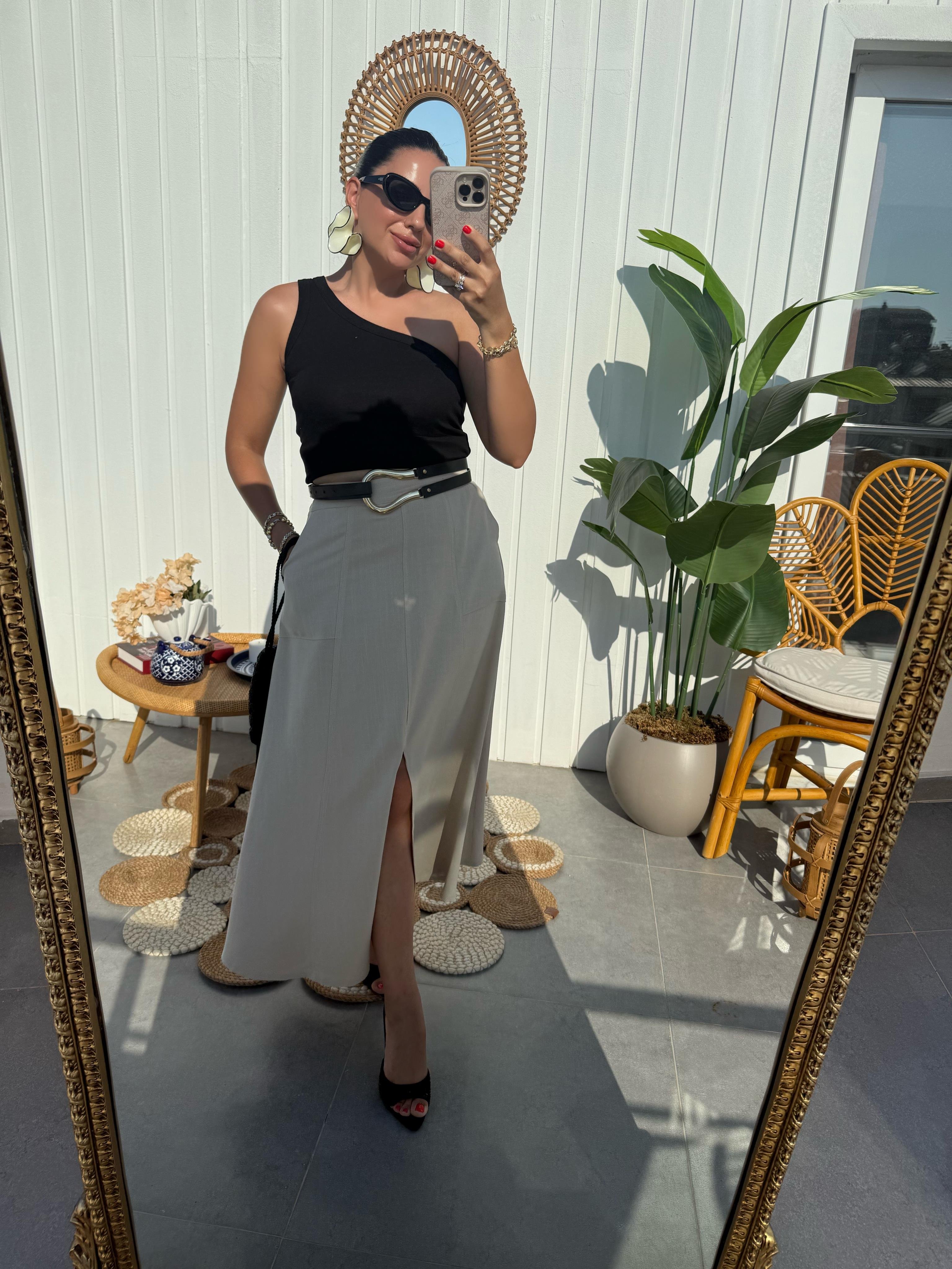 10393 Beli Lastikli Midi Boy Etek