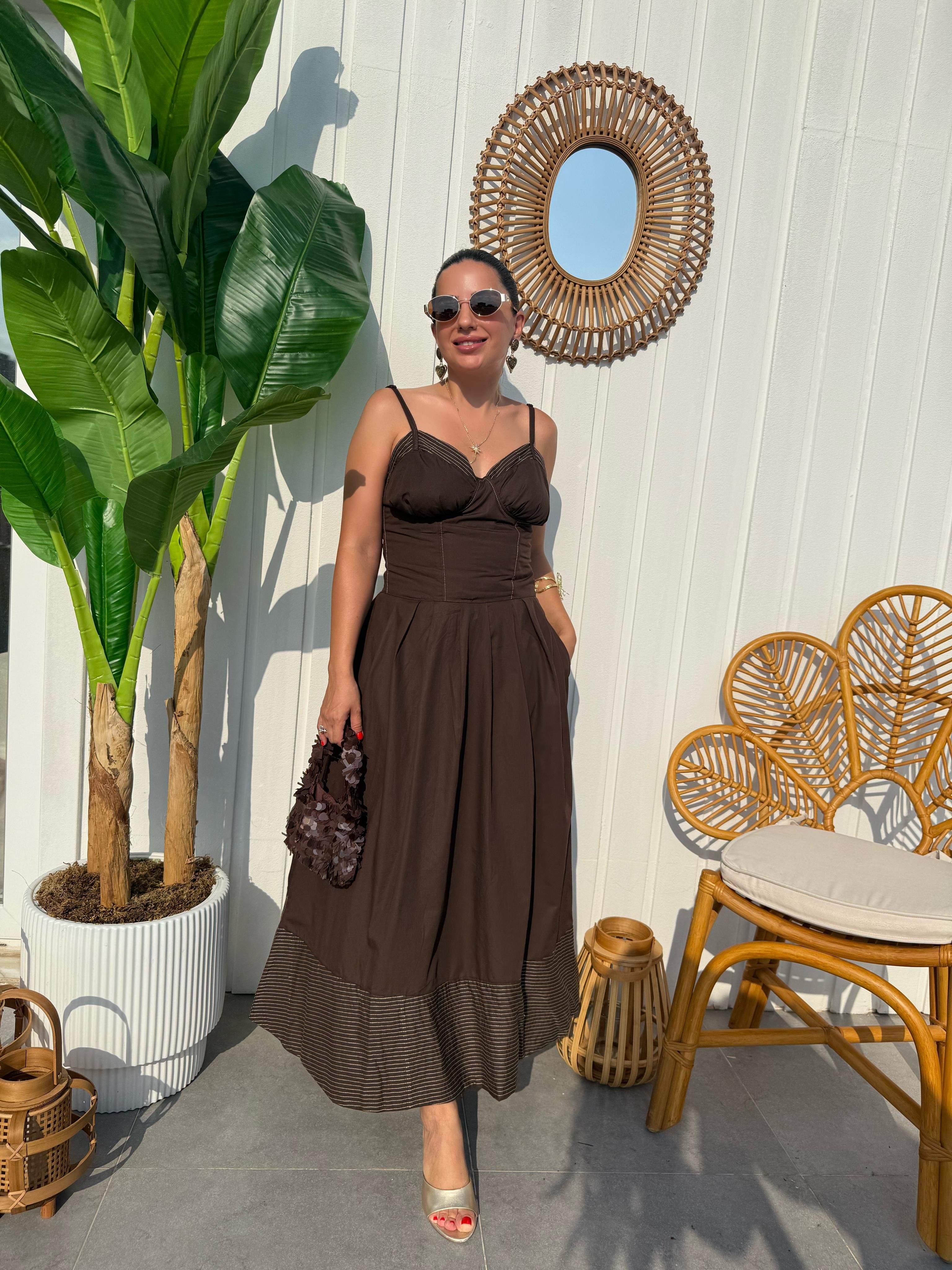 10399 Kontrast Dikişli İp Askılı Elbise