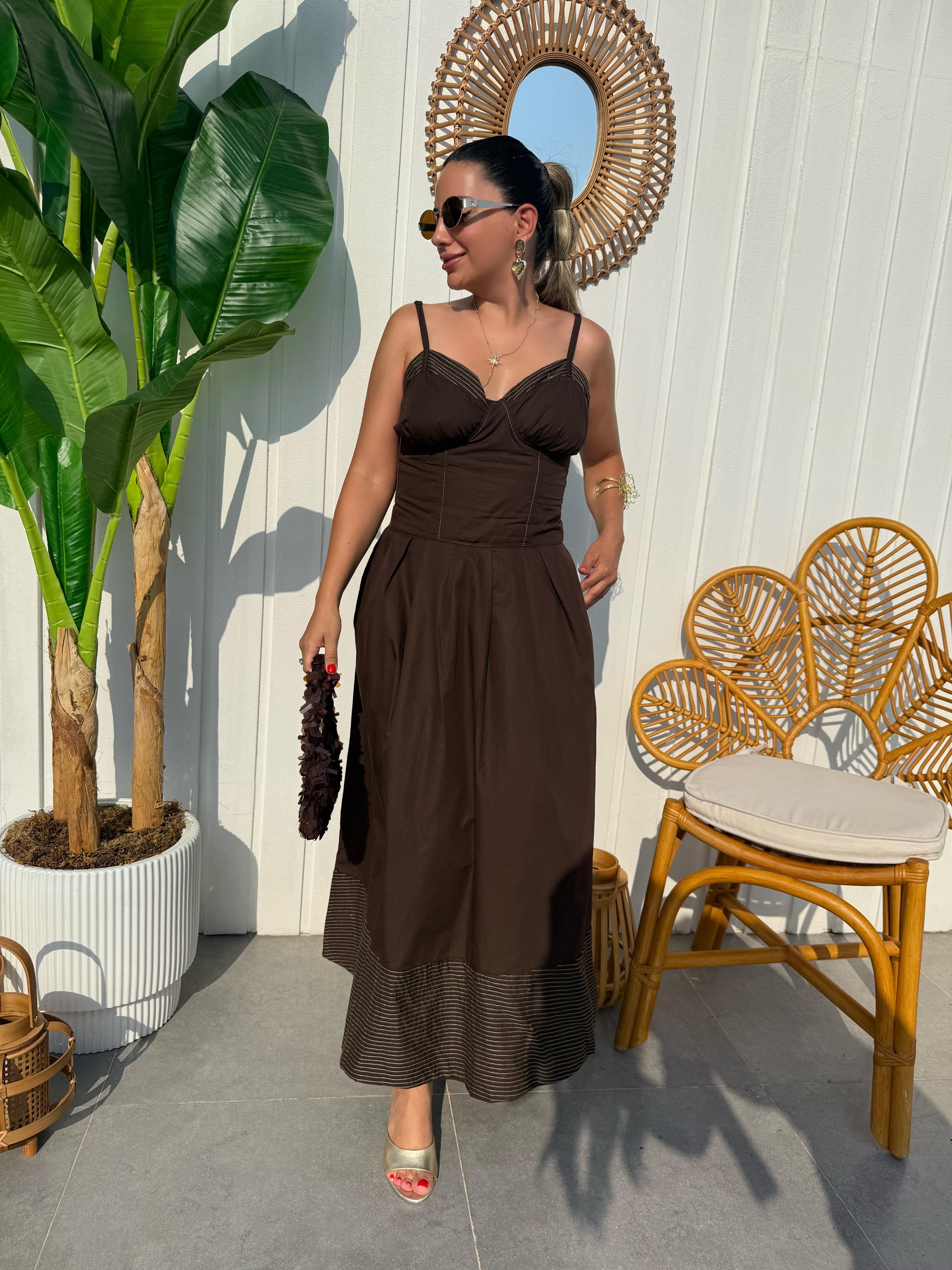 10399 Kontrast Dikişli İp Askılı Elbise