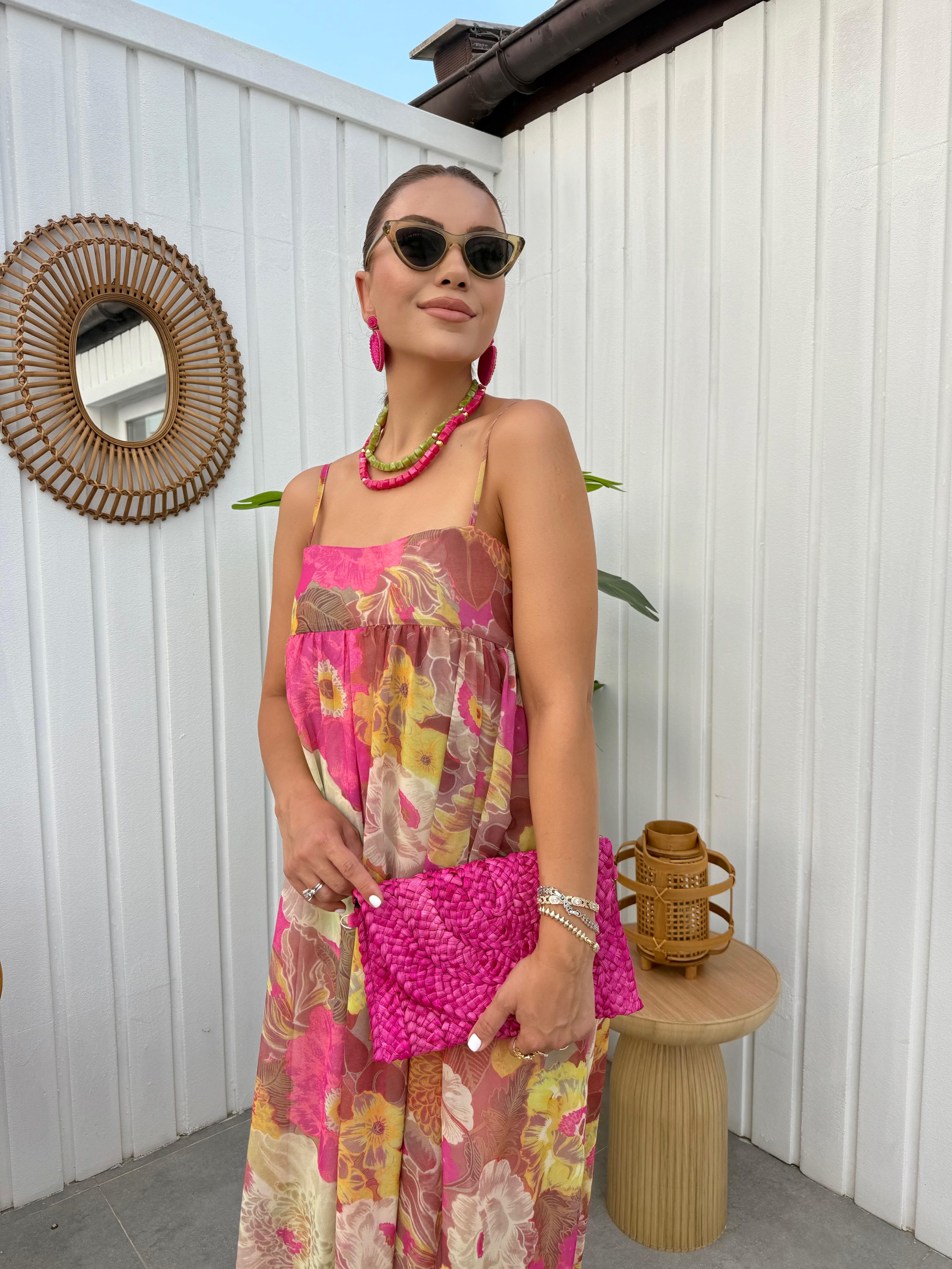 10404 Pembe Baskılı İnce Askılı Elbise
