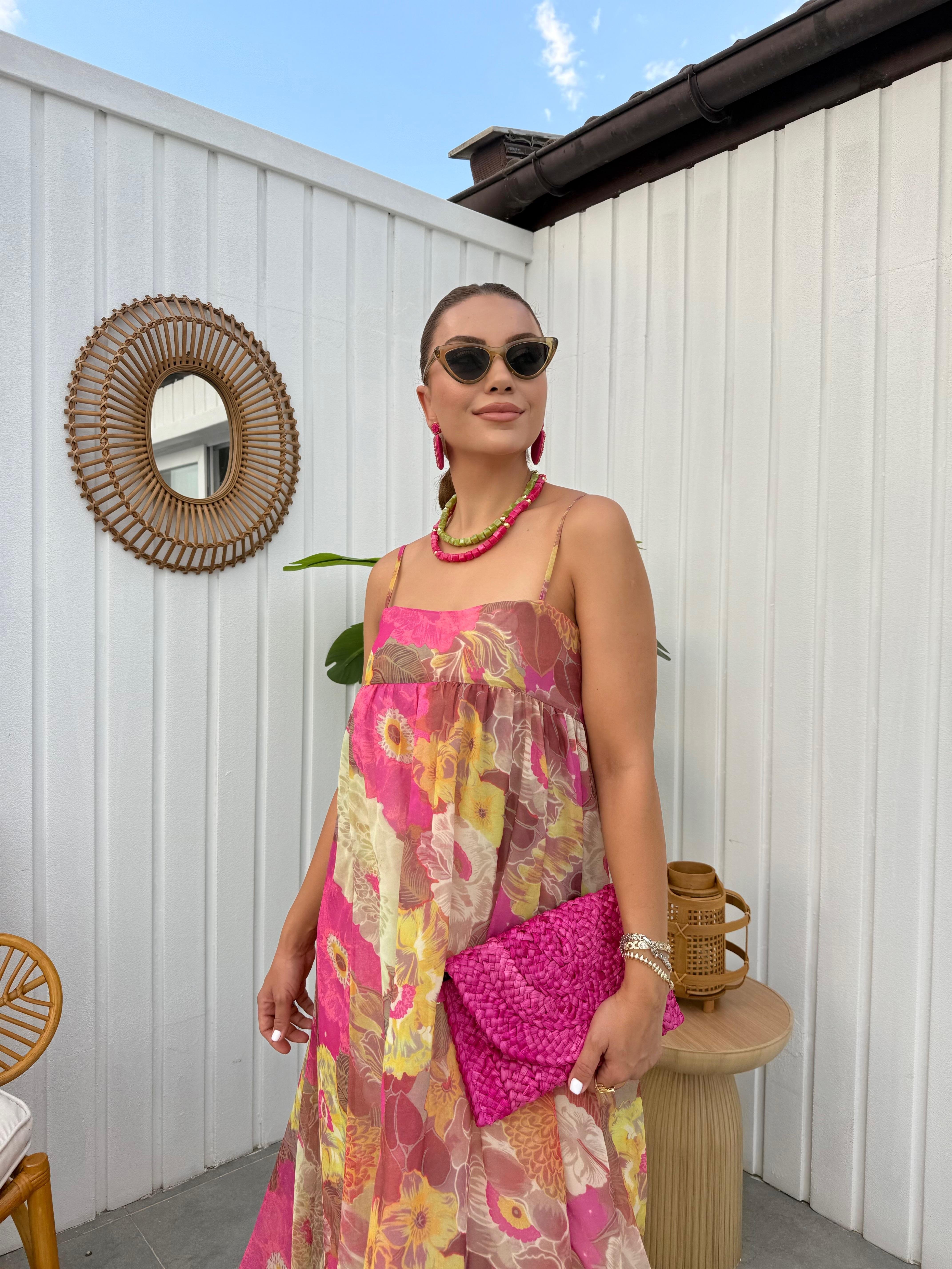 10404 Pembe Baskılı İnce Askılı Elbise