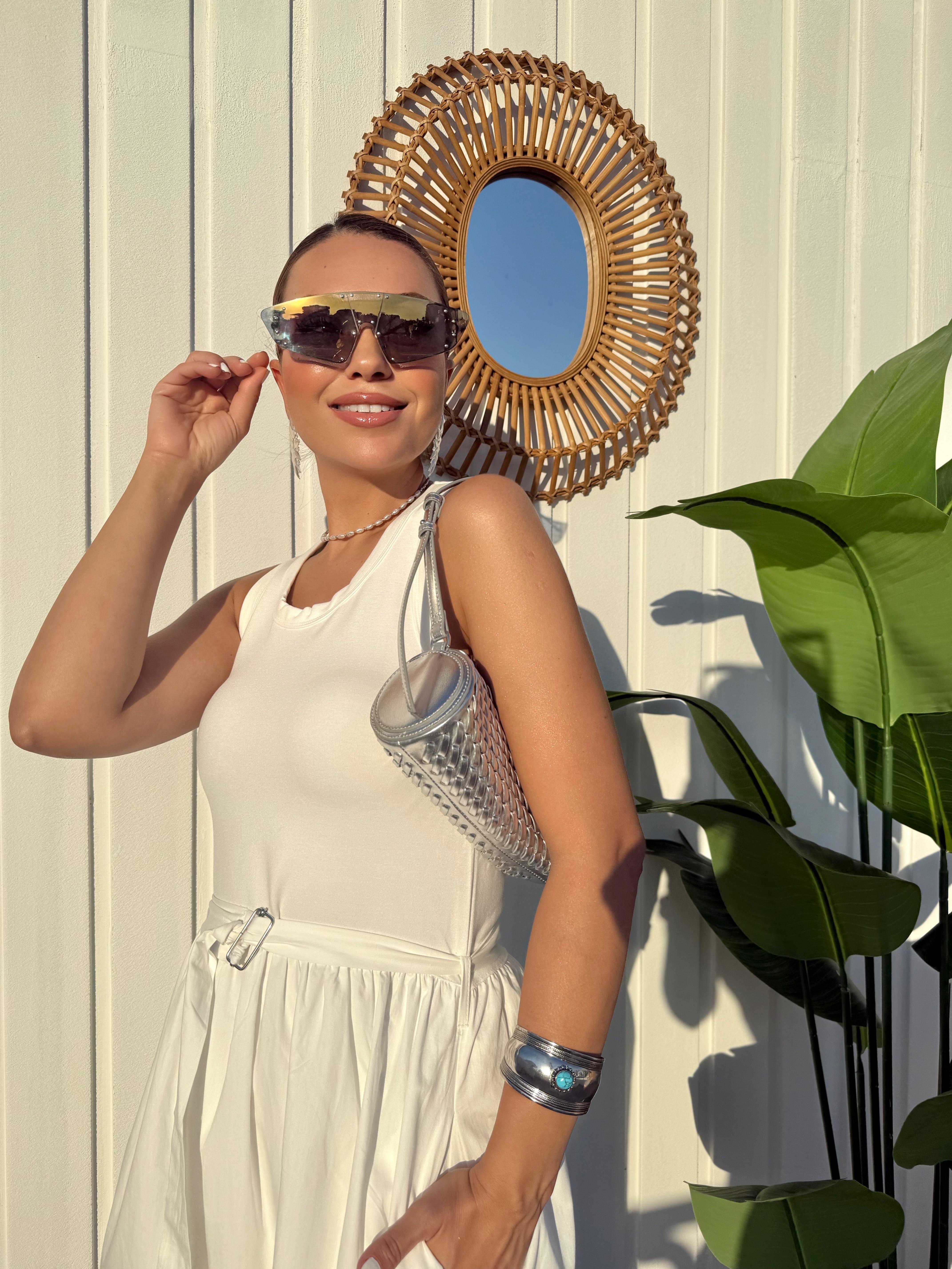 10405 Beyaz Poplin Garnili Midi Elbise