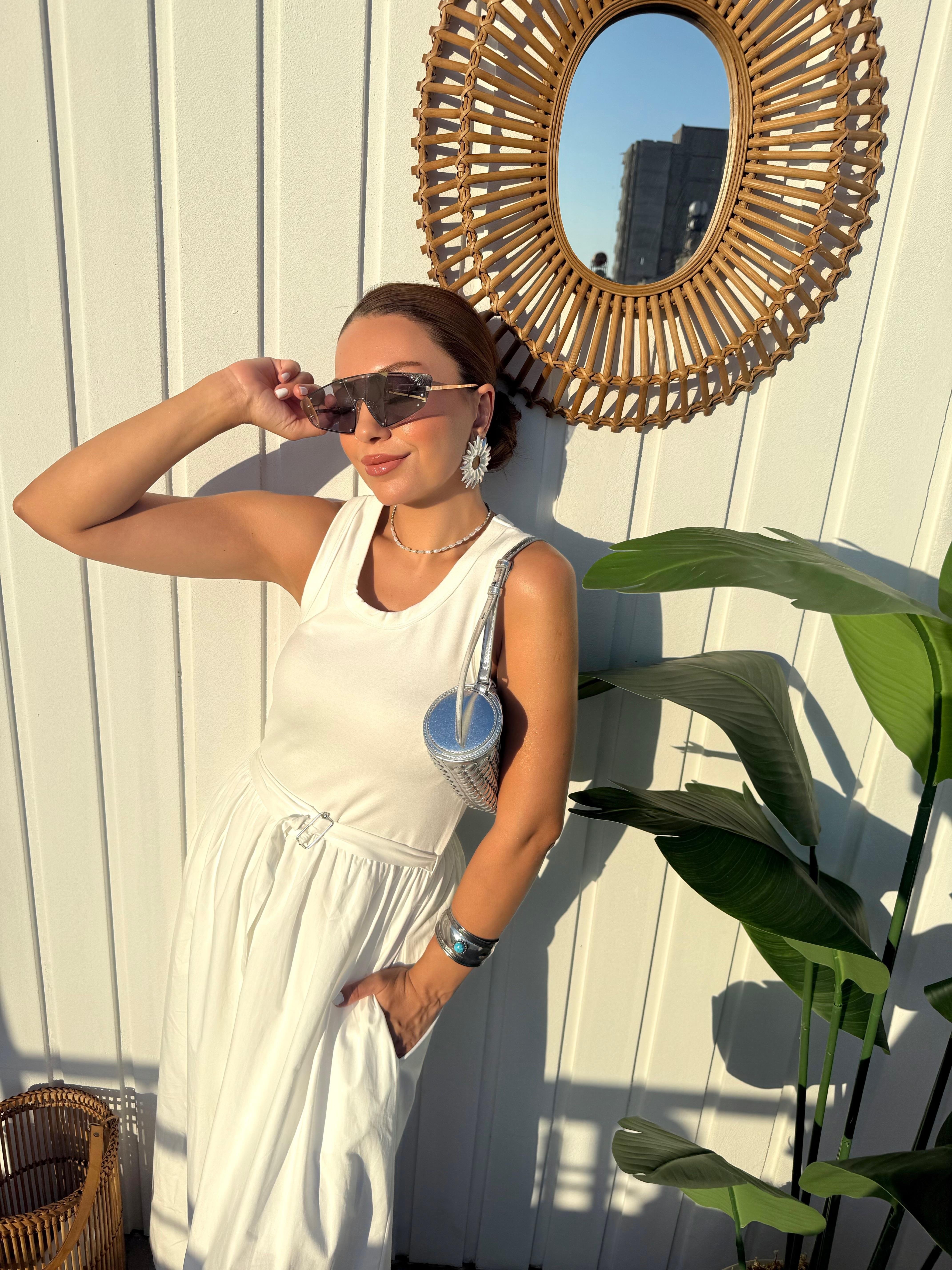10405 Beyaz Poplin Garnili Midi Elbise