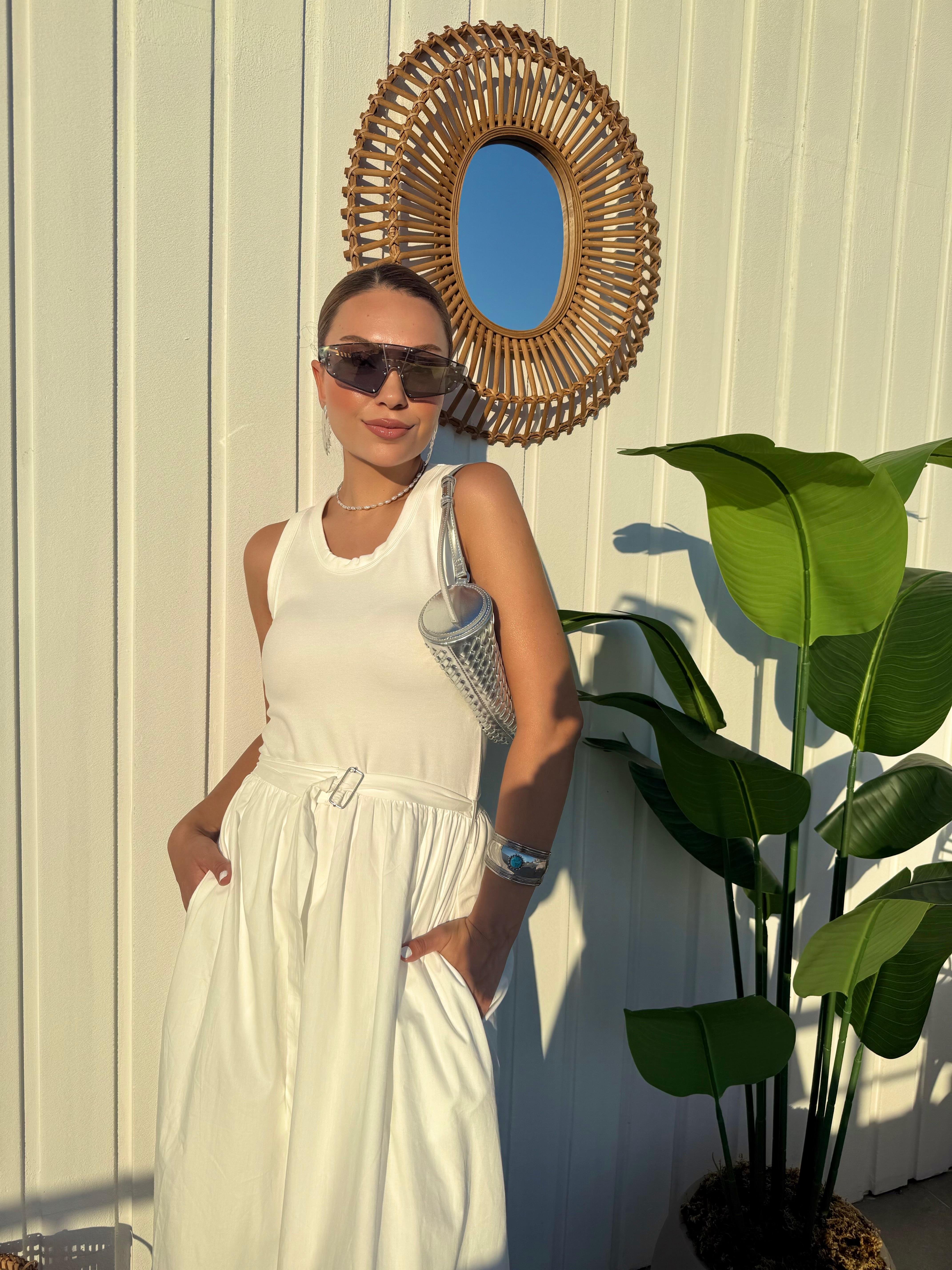 10405 Beyaz Poplin Garnili Midi Elbise