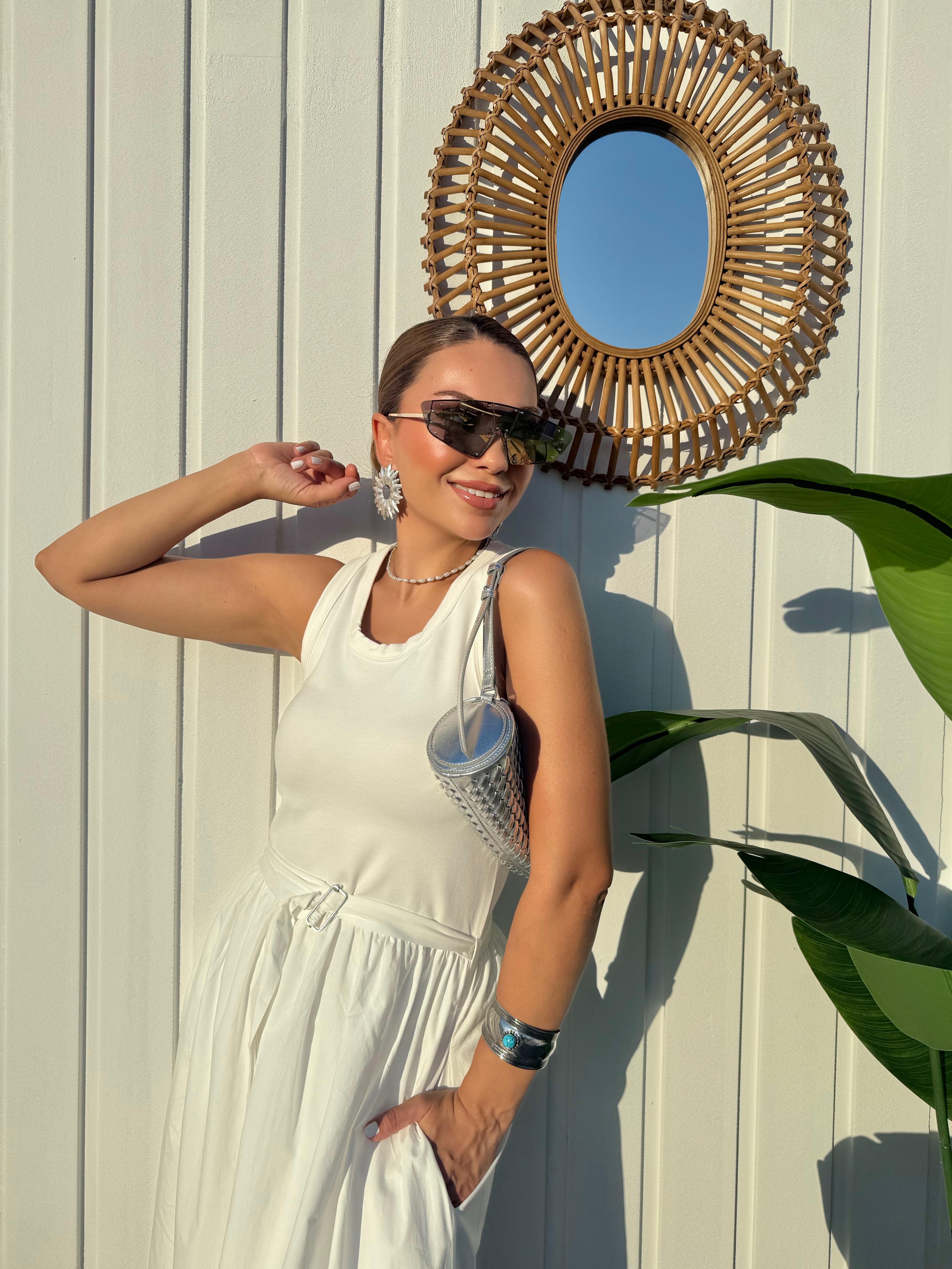 10405 Beyaz Poplin Garnili Midi Elbise