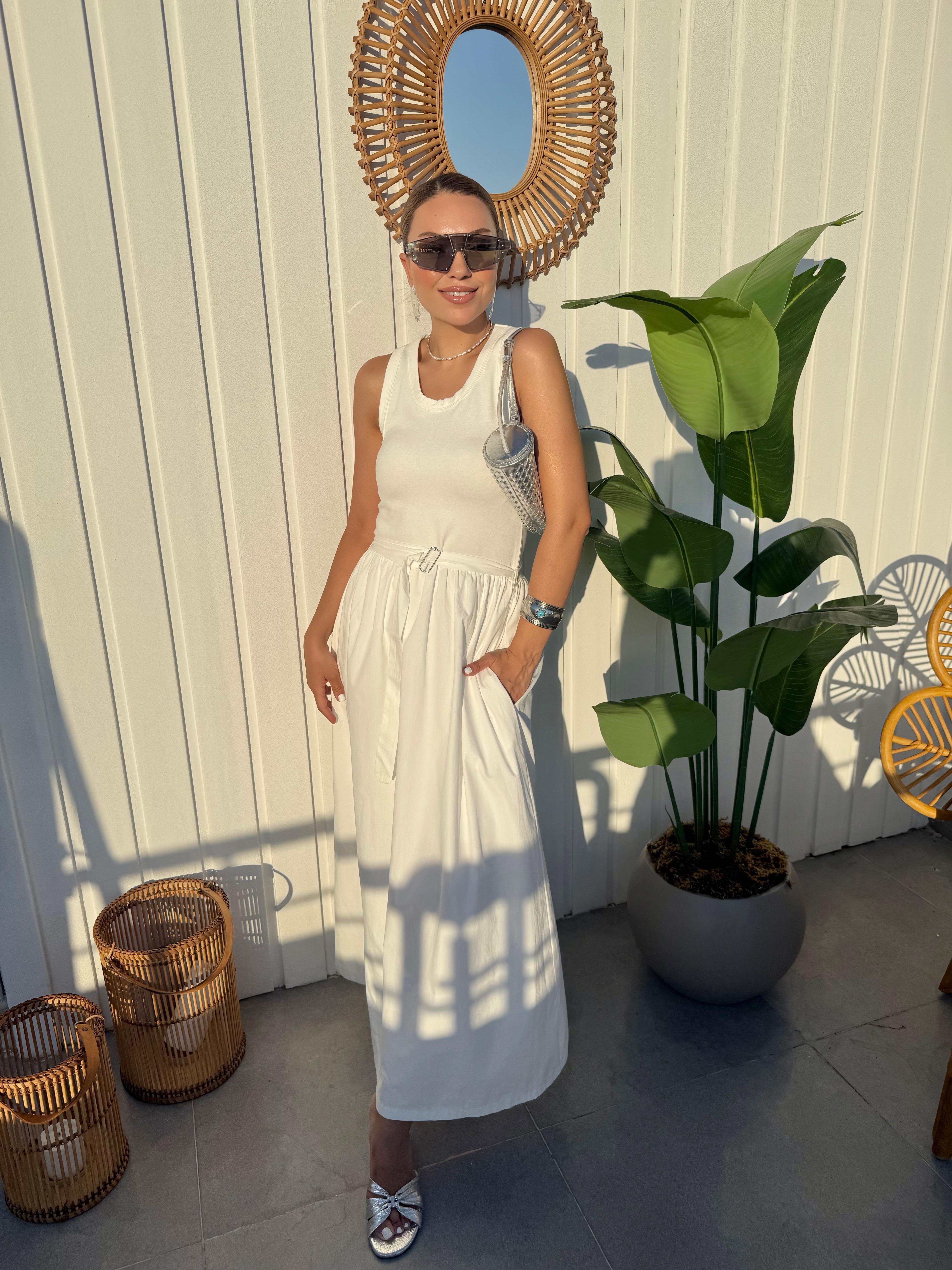 10405 Beyaz Poplin Garnili Midi Elbise