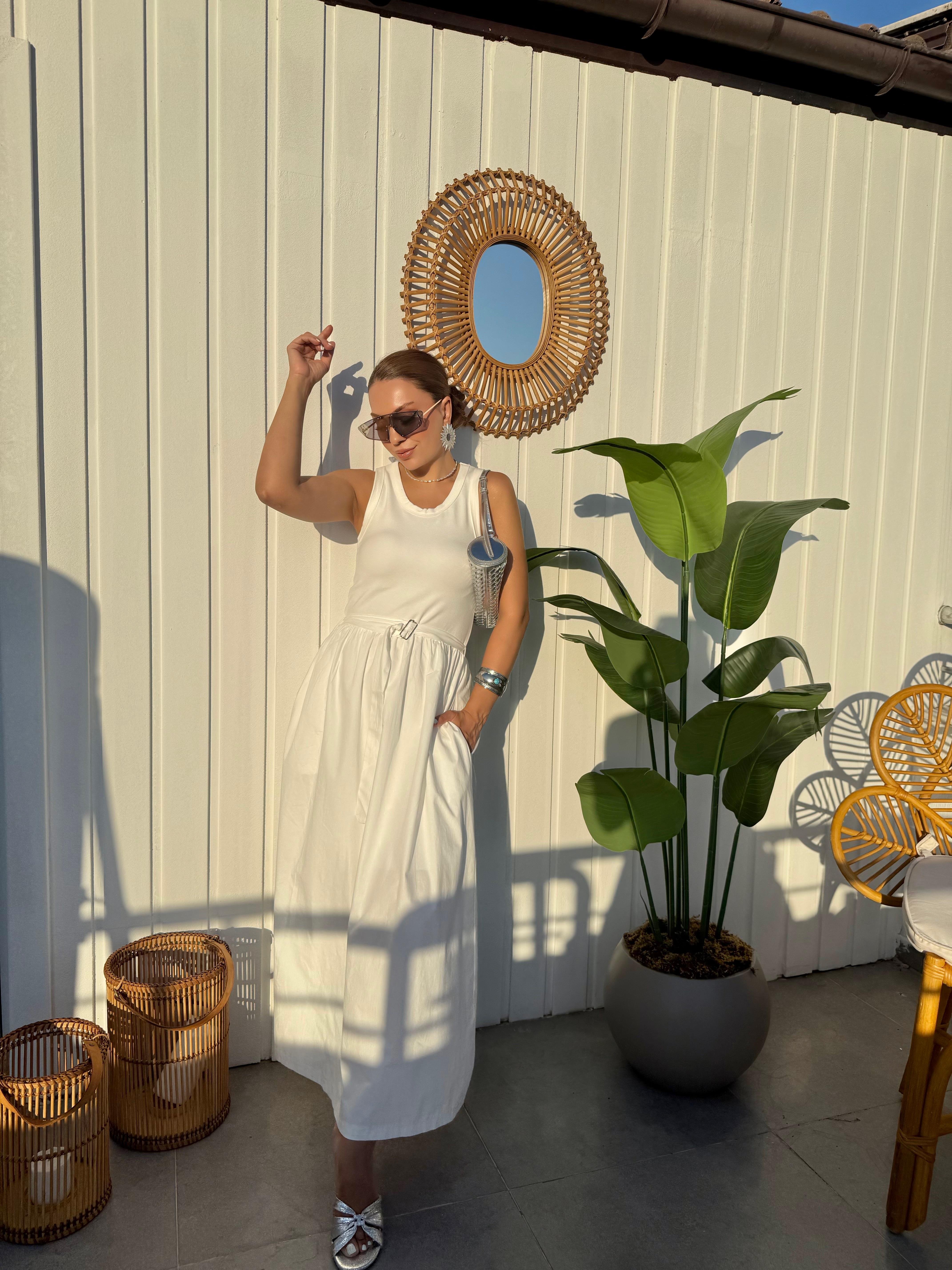 10405 Beyaz Poplin Garnili Midi Elbise