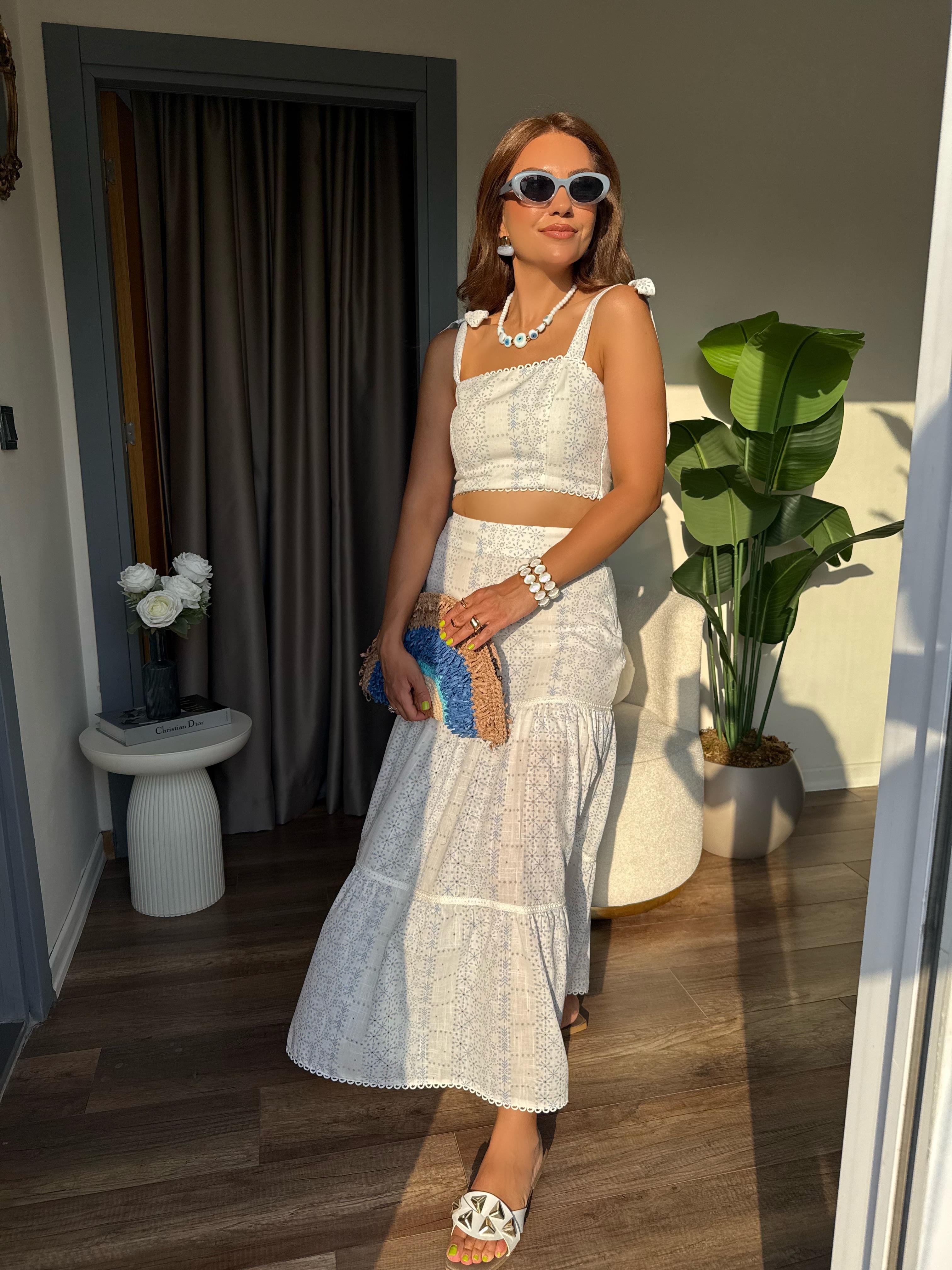 10418 Mavi Desenli Crop Etek Takım