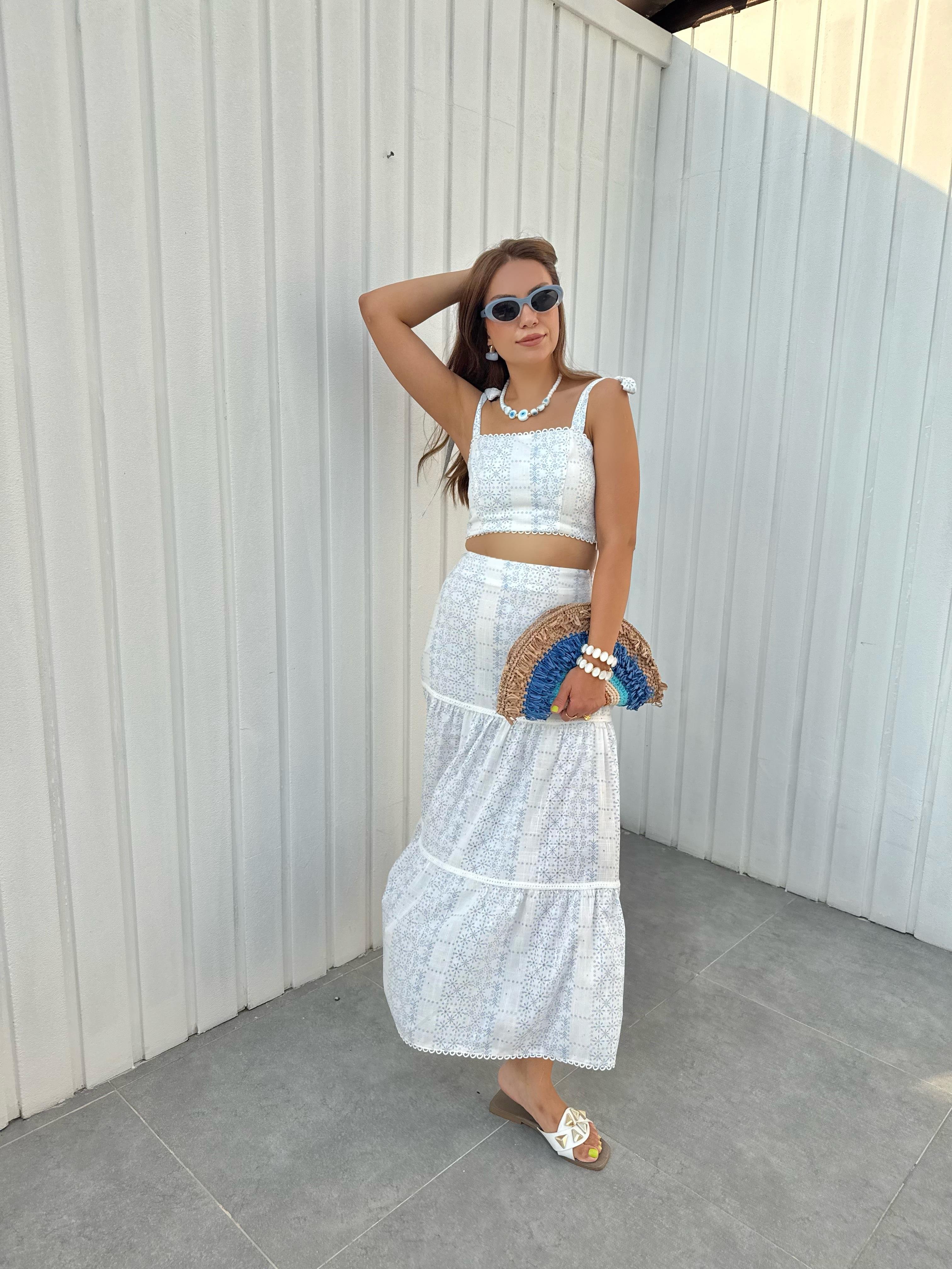 10418 Mavi Desenli Crop Etek Takım