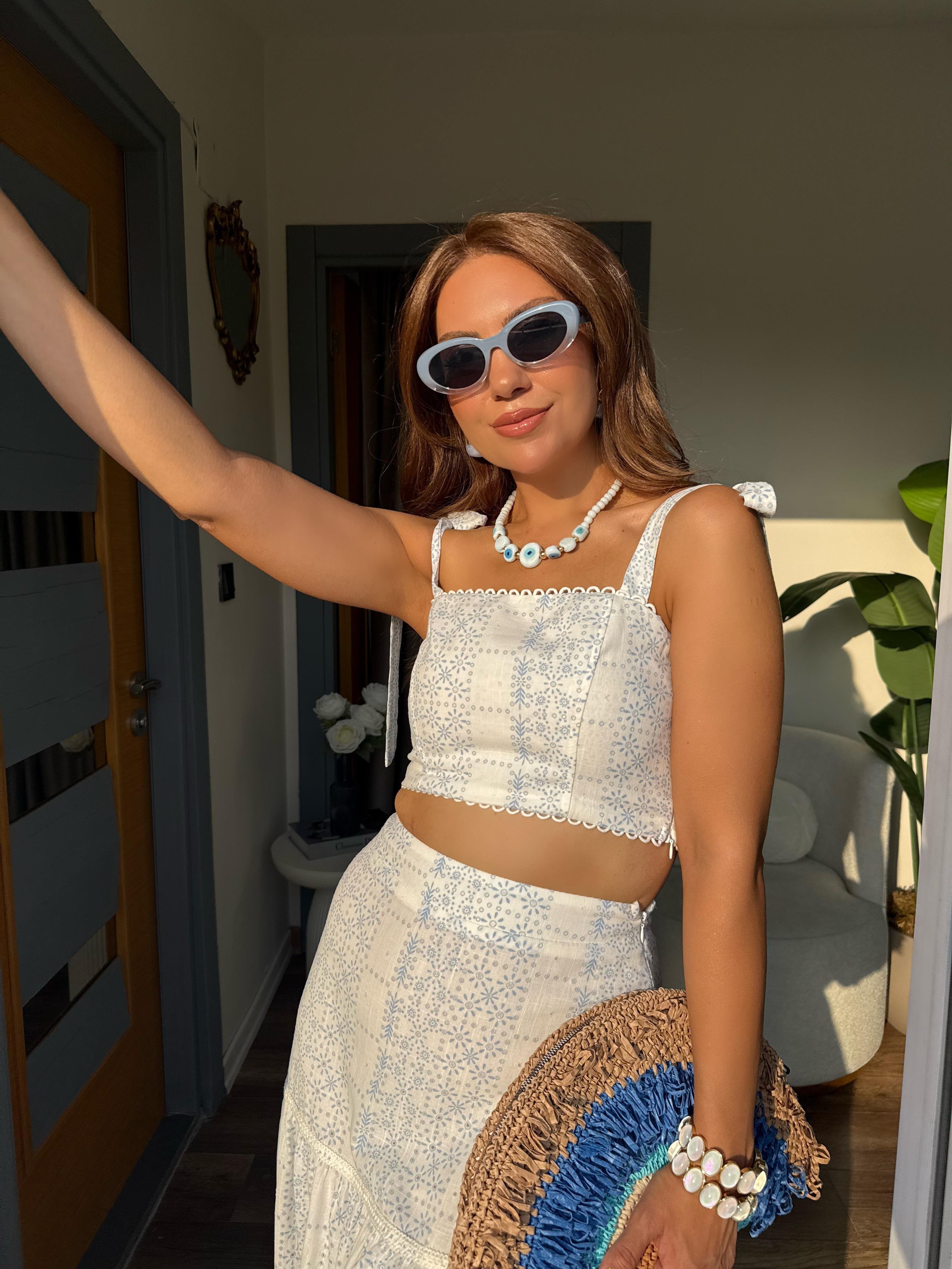 10418 Mavi Desenli Crop Etek Takım