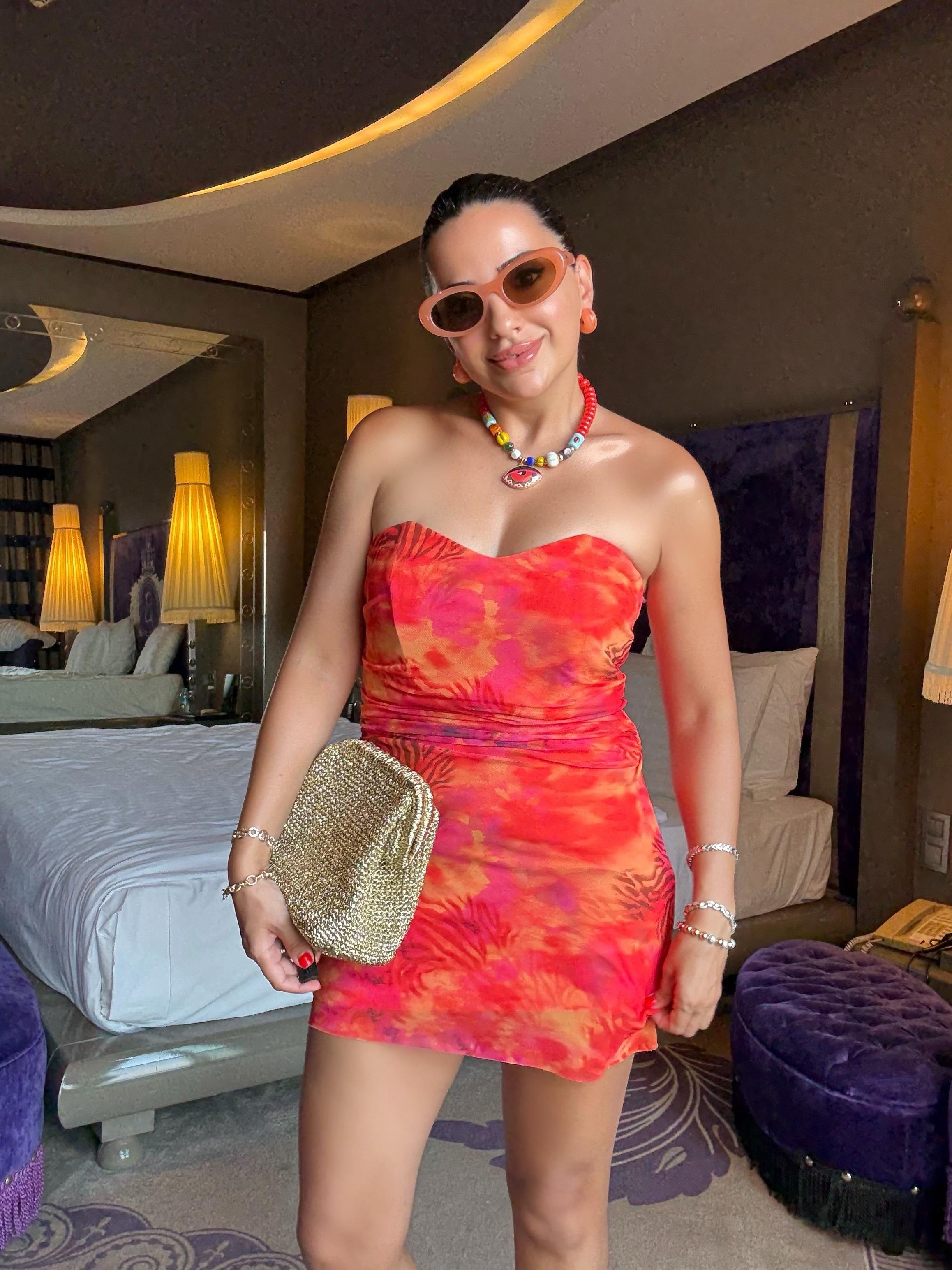 10458 Turuncu Batik Desen Mini Elbise