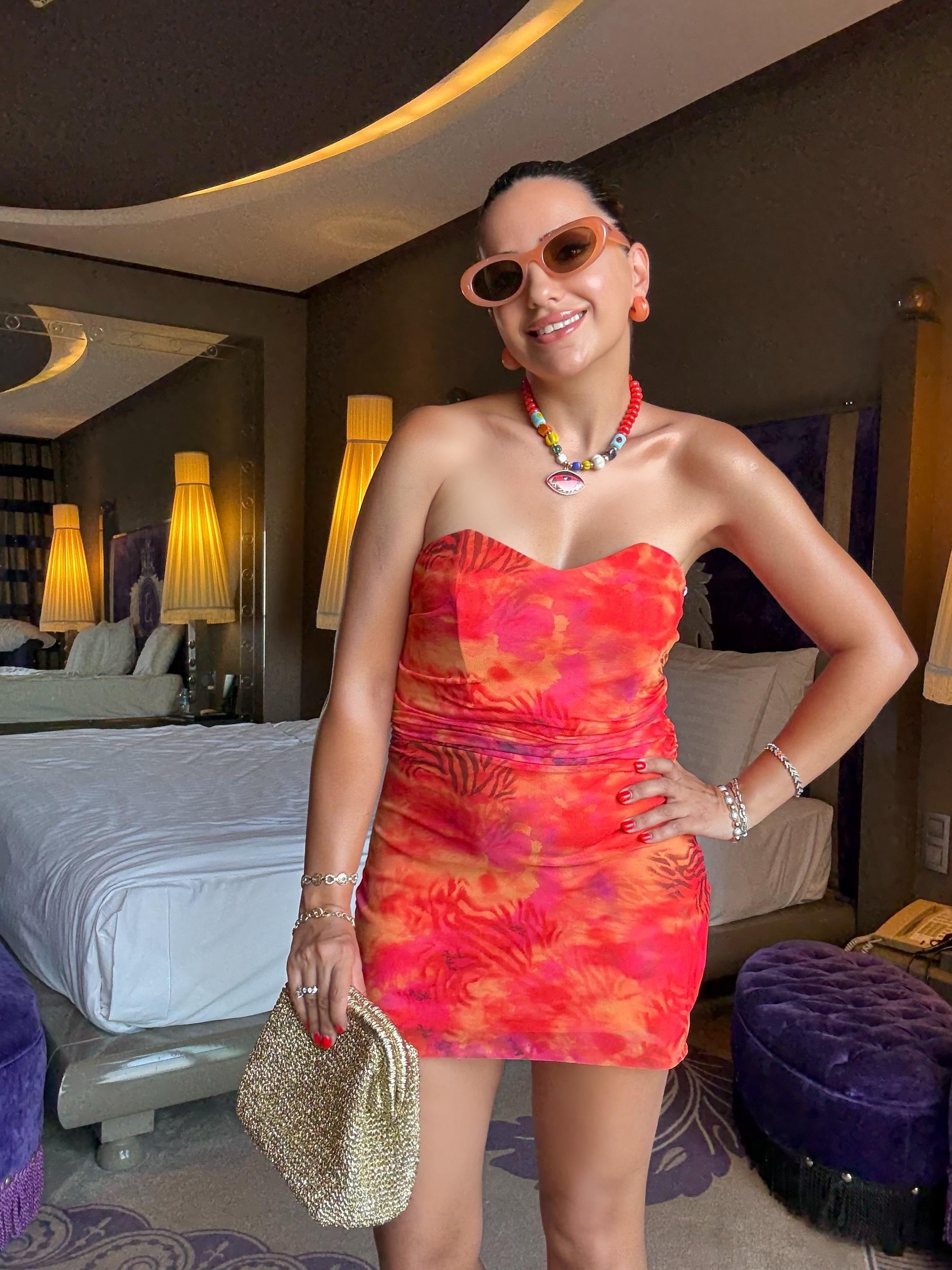 10458 Turuncu Batik Desen Mini Elbise