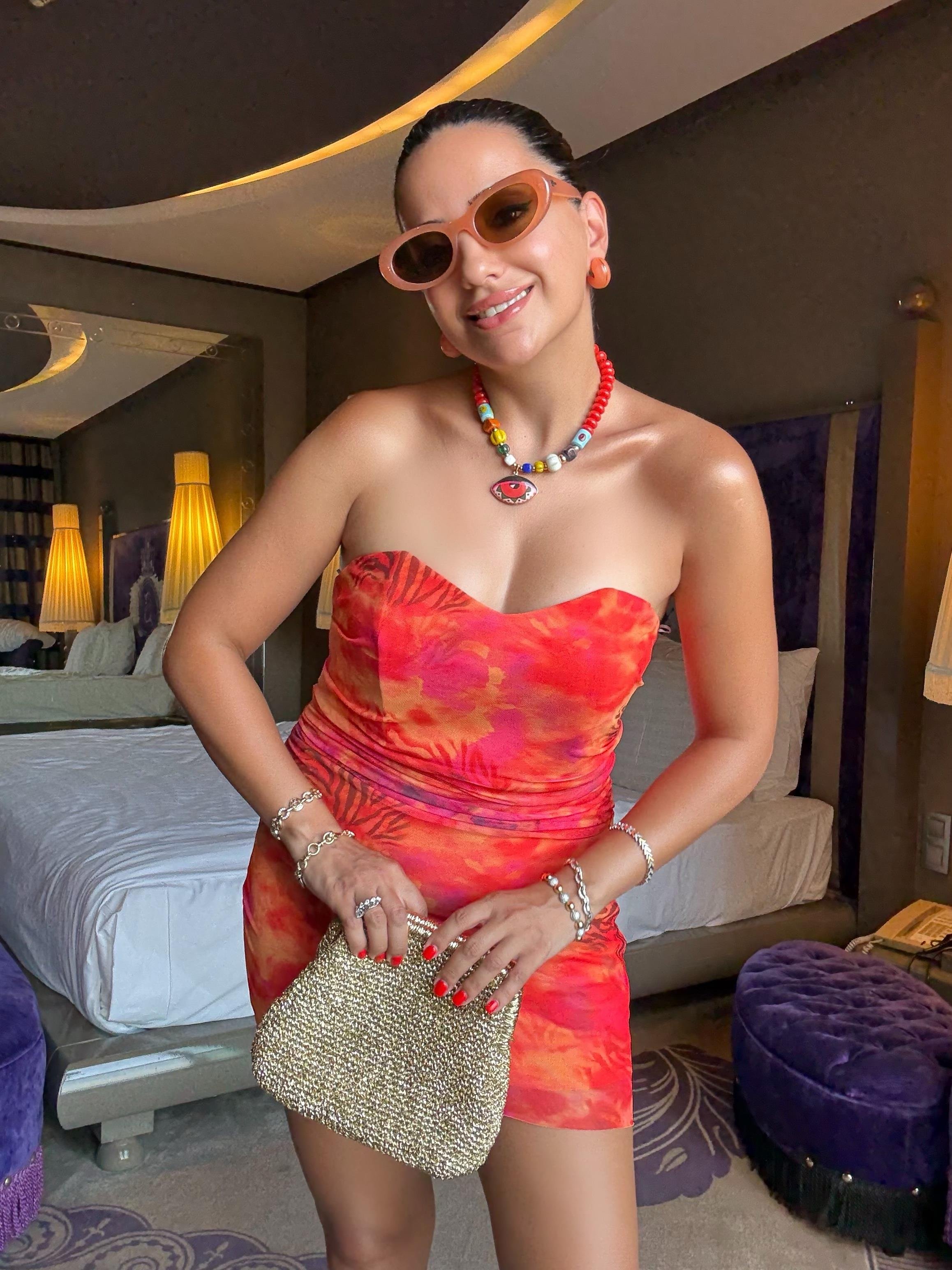 10458 Turuncu Batik Desen Mini Elbise