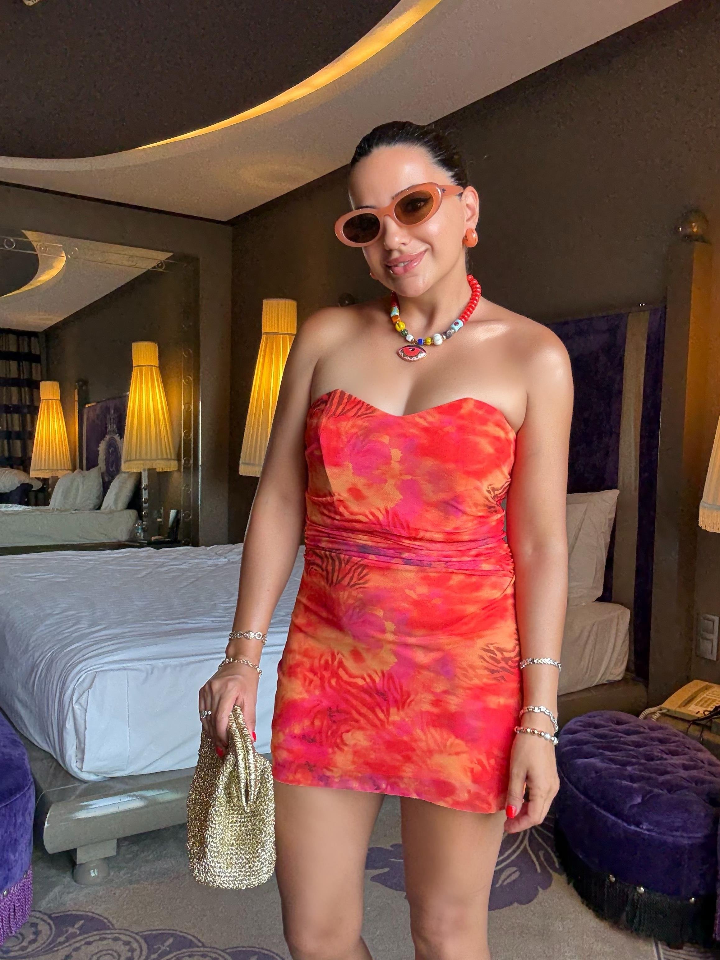 10458 Turuncu Batik Desen Mini Elbise