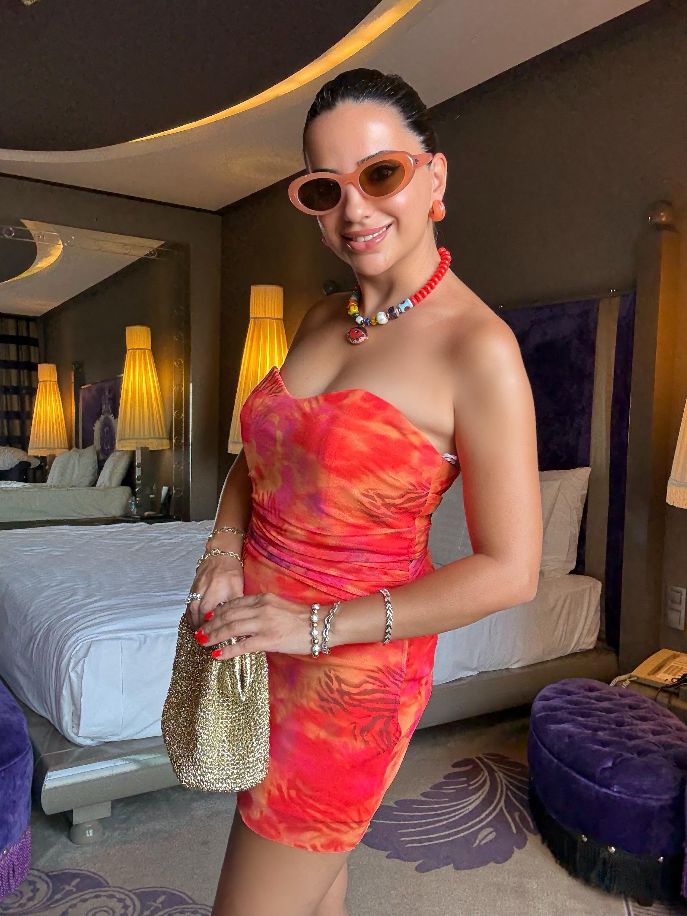 10458 Turuncu Batik Desen Mini Elbise