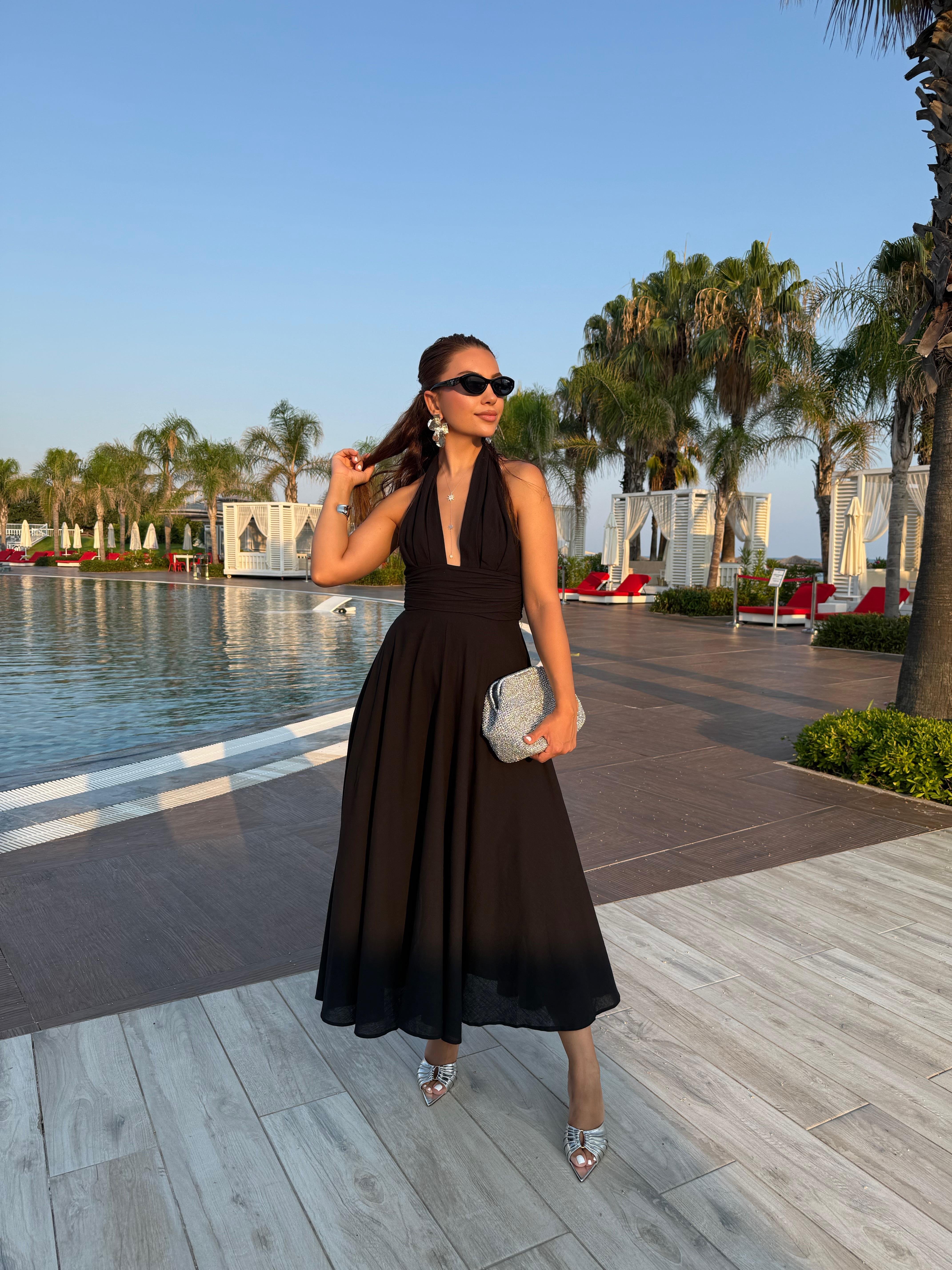 10476 Boyundan Bağlamalı Uzun Elbise