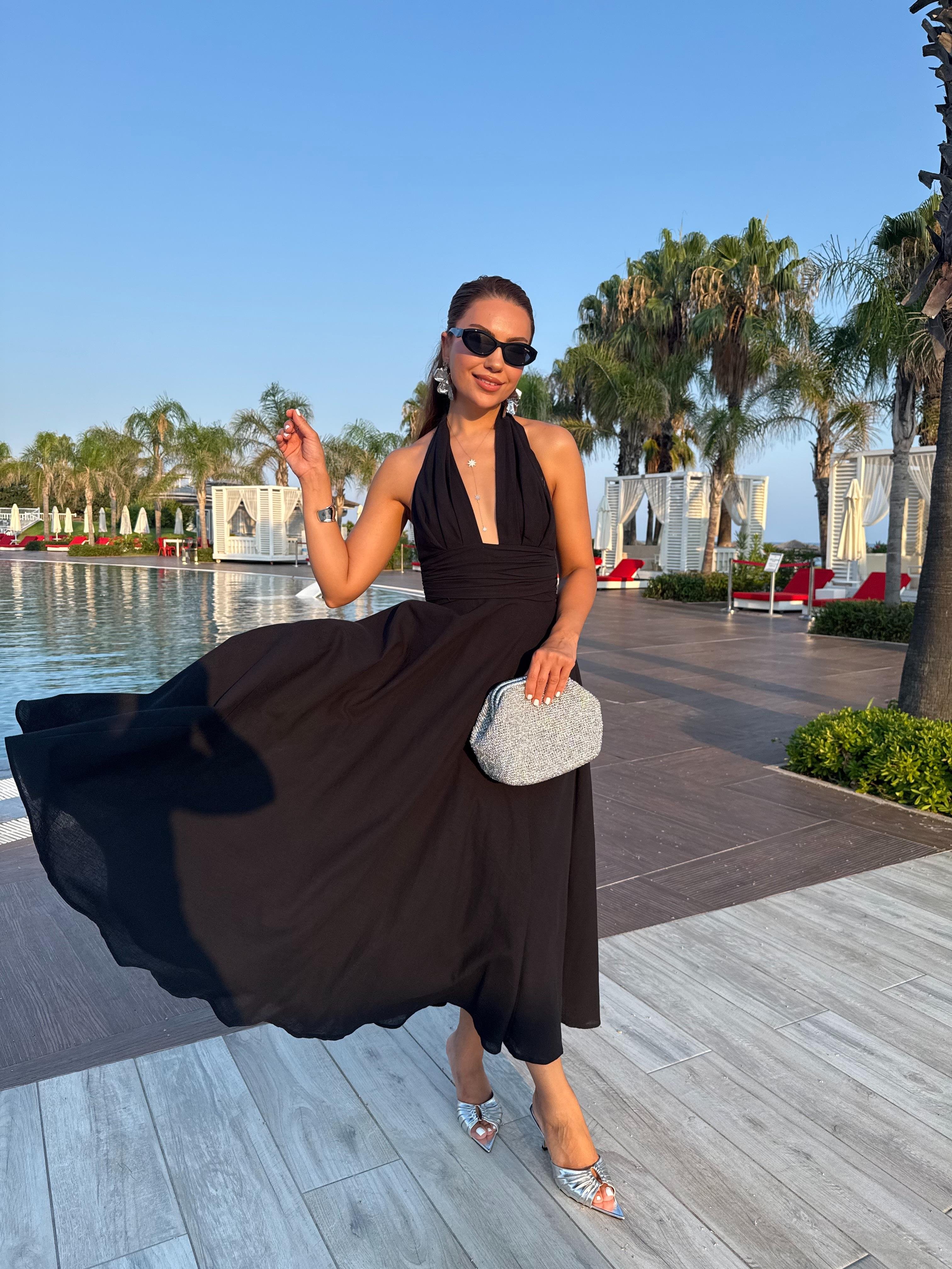 10476 Boyundan Bağlamalı Uzun Elbise