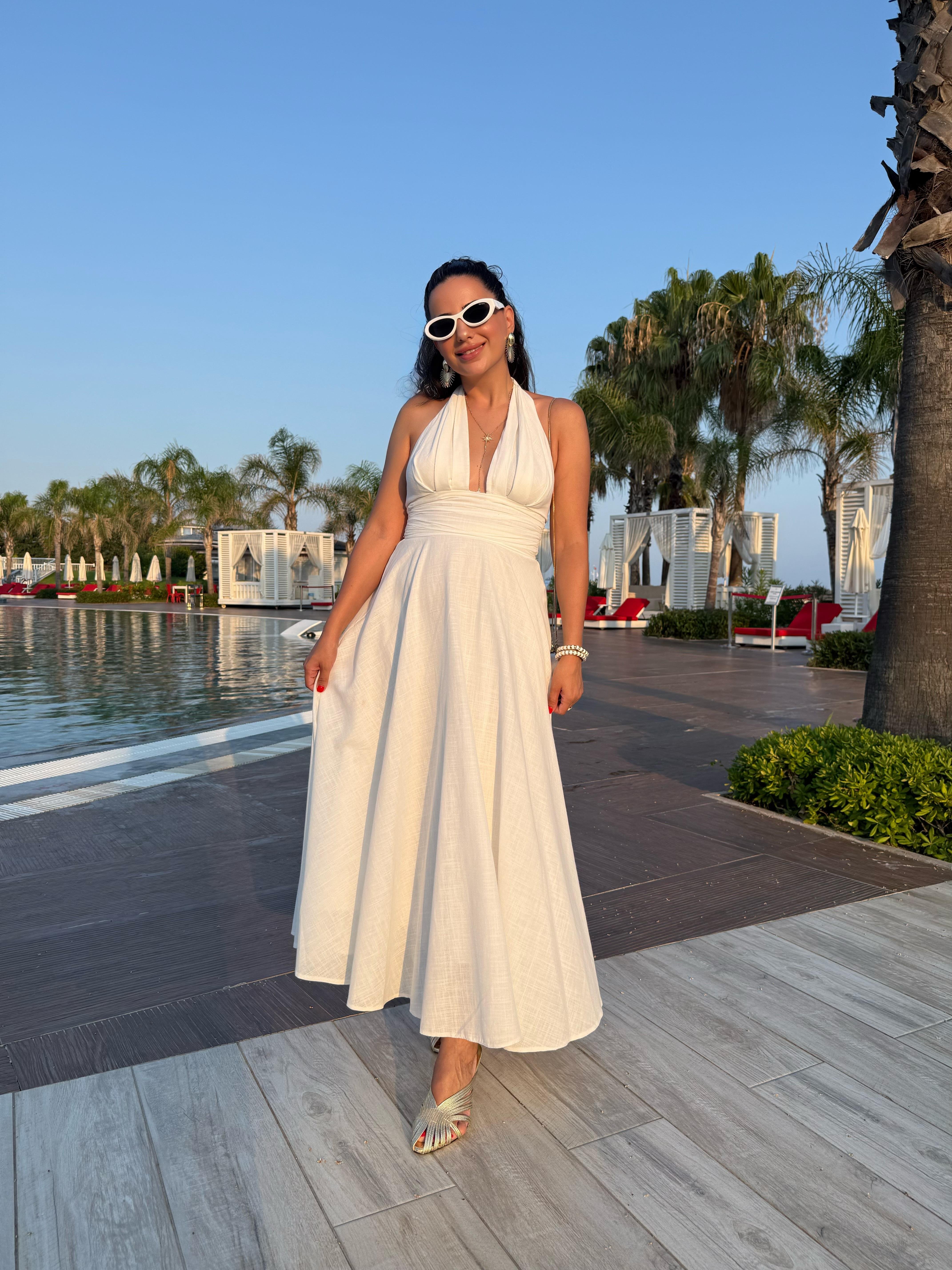 10476 Boyundan Bağlamalı Uzun Elbise