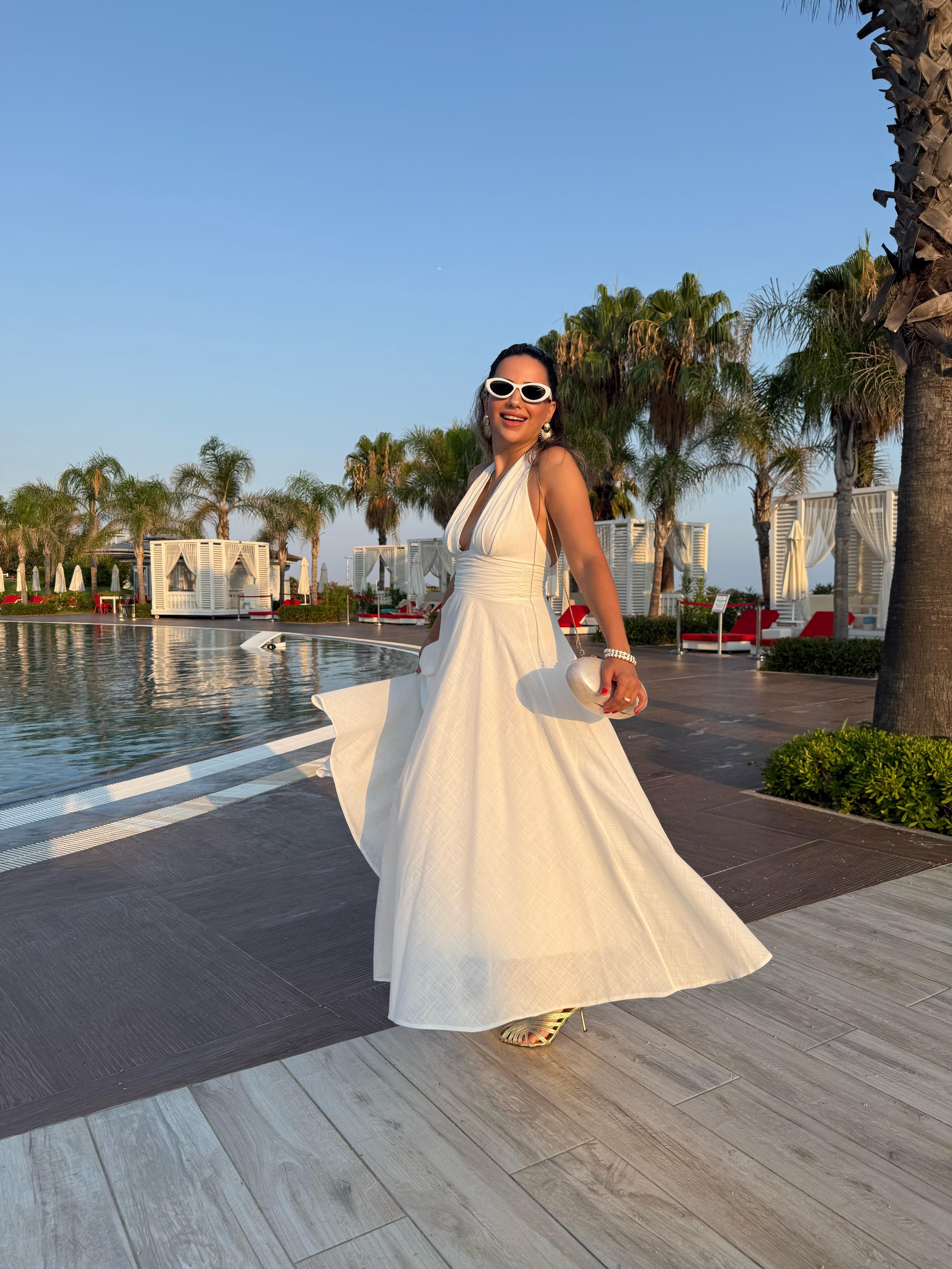 10476 Boyundan Bağlamalı Uzun Elbise