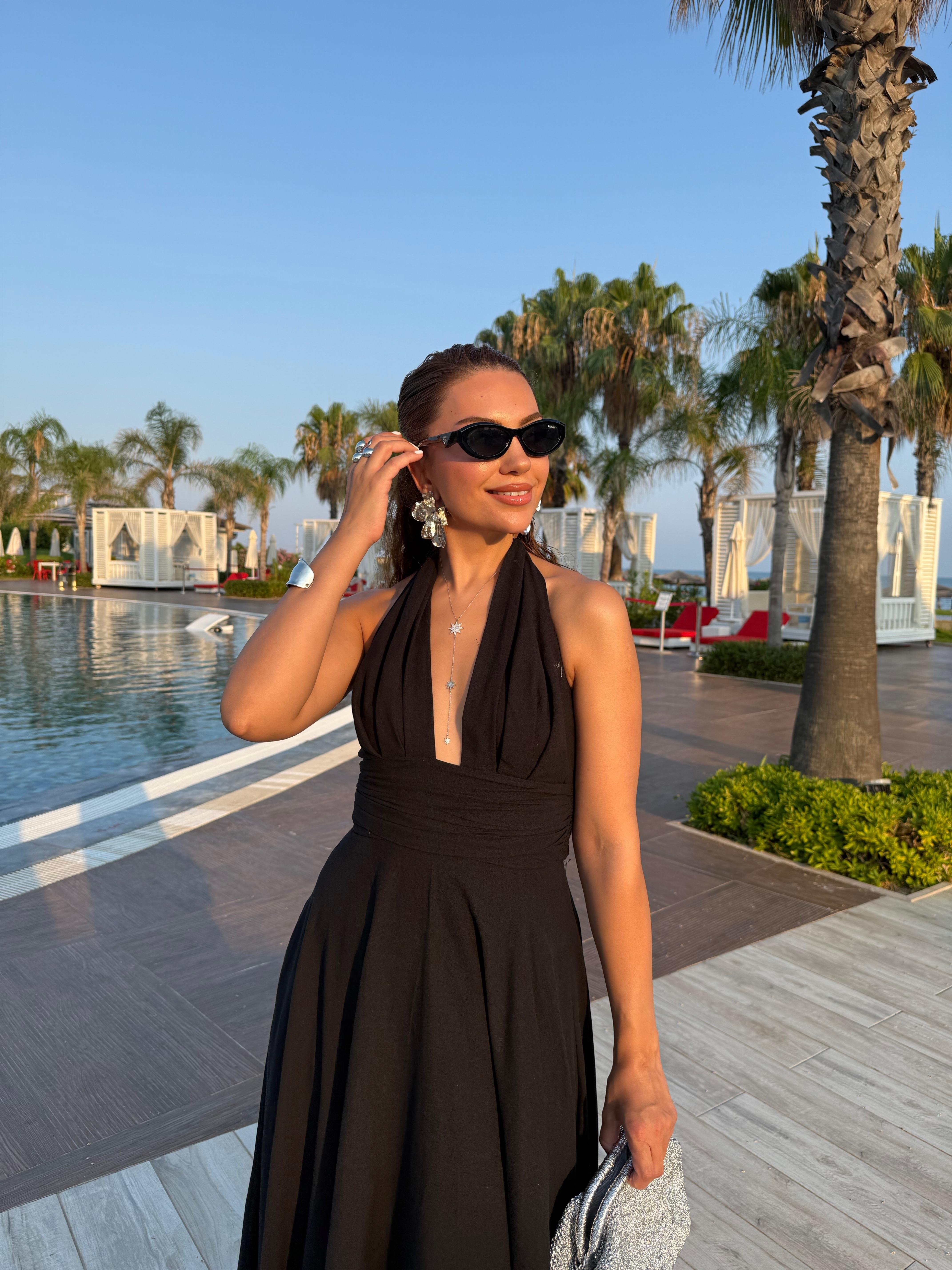 10476 Boyundan Bağlamalı Uzun Elbise