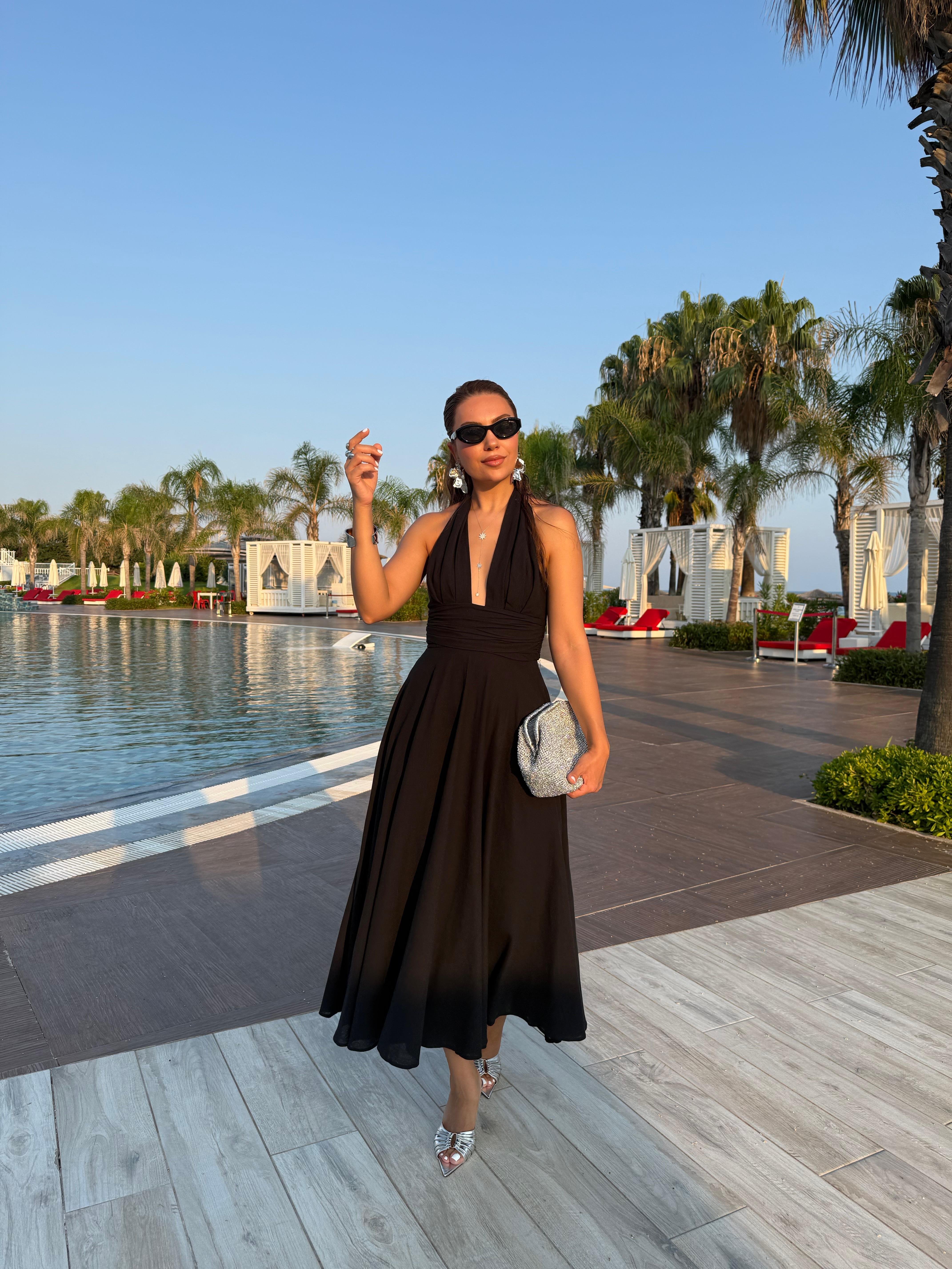 10476 Boyundan Bağlamalı Uzun Elbise