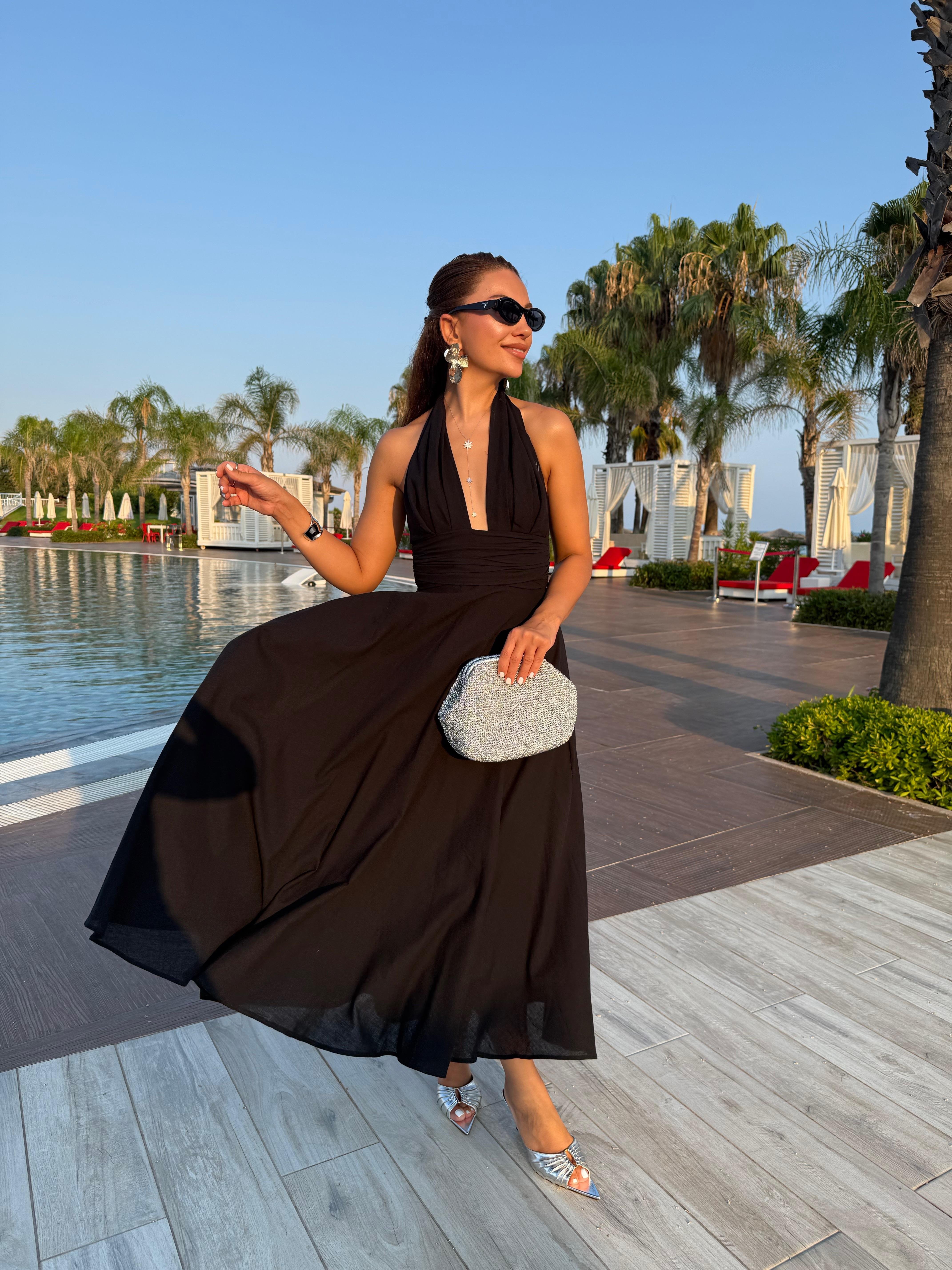 10476 Boyundan Bağlamalı Uzun Elbise