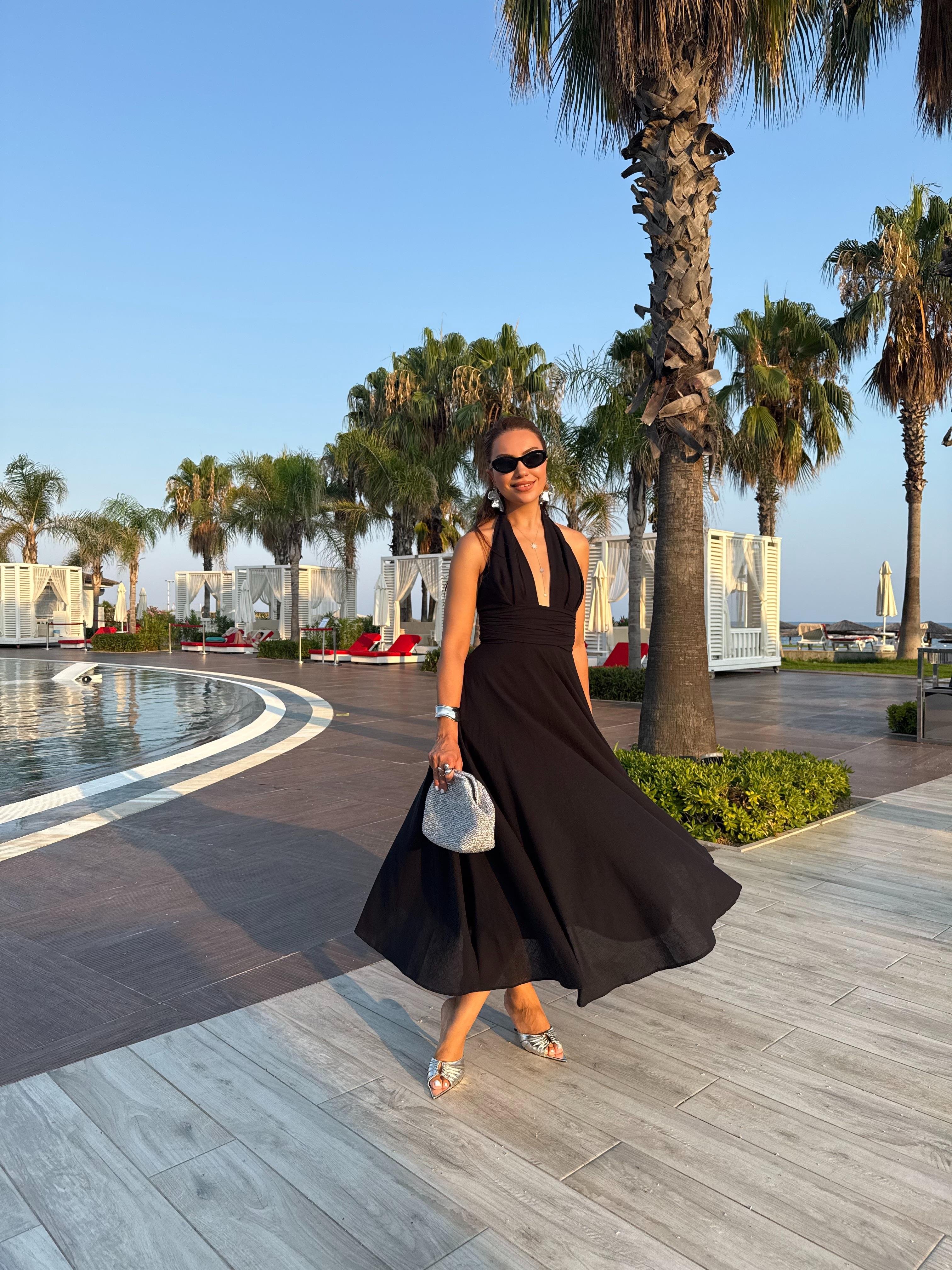 10476 Boyundan Bağlamalı Uzun Elbise