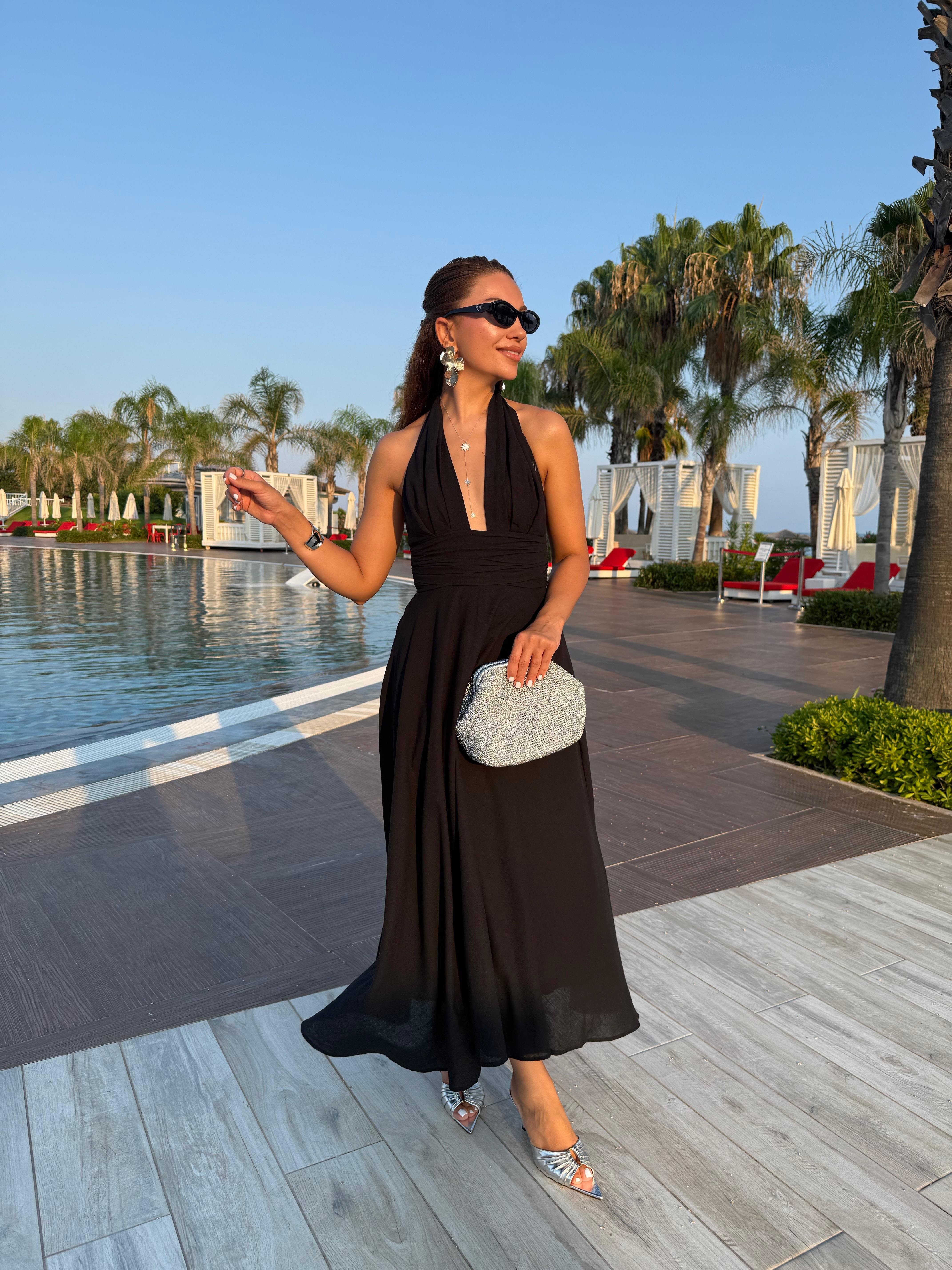 10476 Boyundan Bağlamalı Uzun Elbise