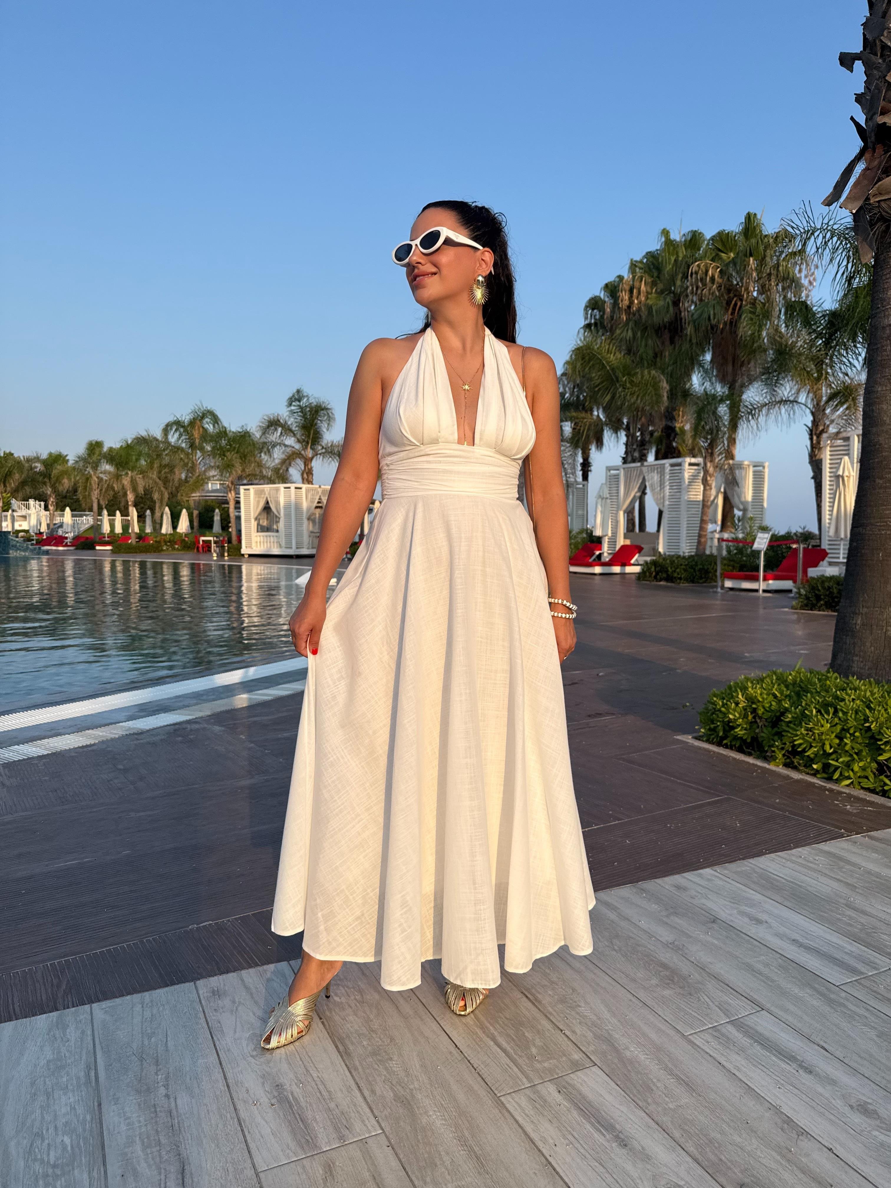 10476 Boyundan Bağlamalı Uzun Elbise