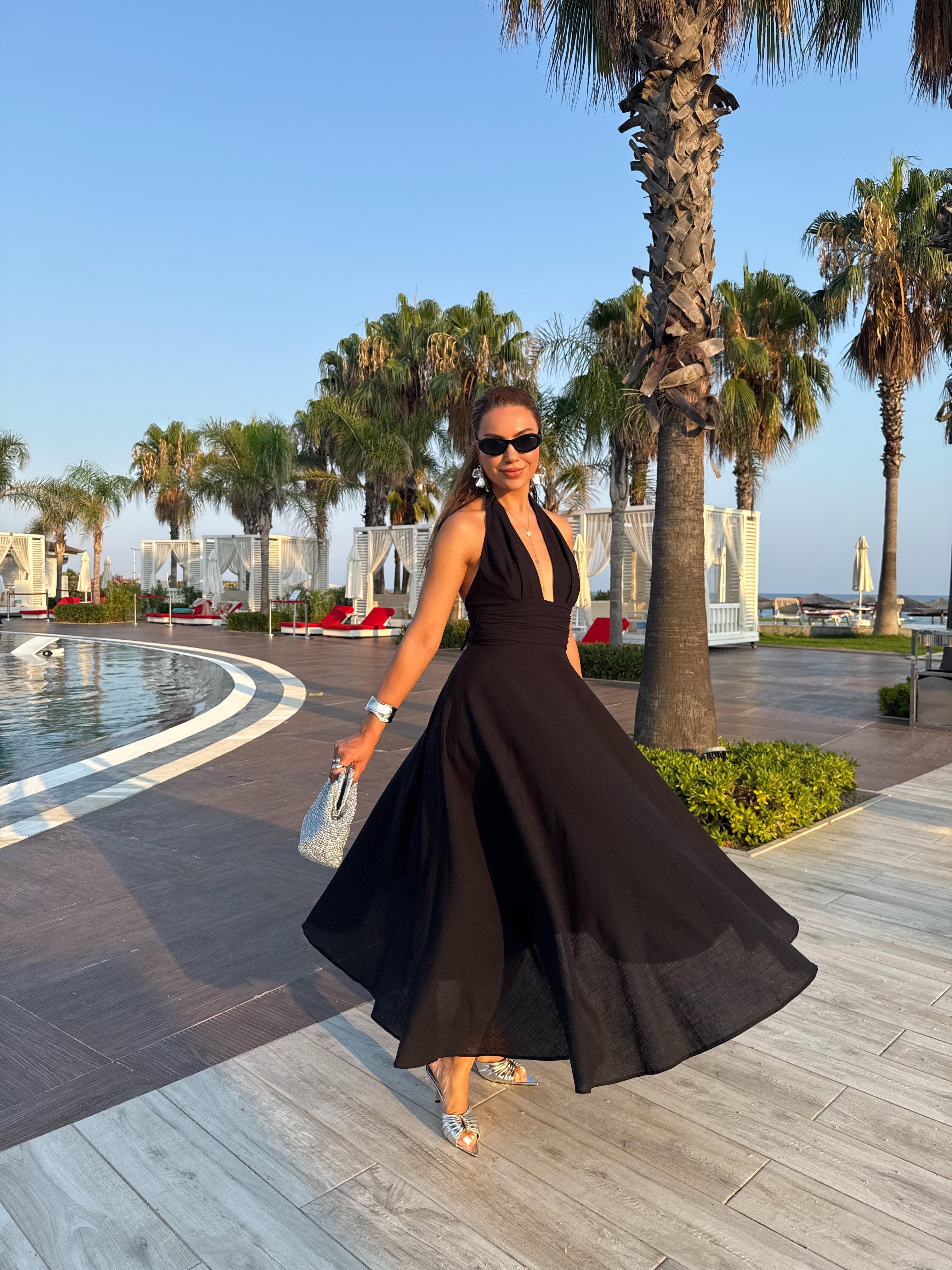 10476 Boyundan Bağlamalı Uzun Elbise