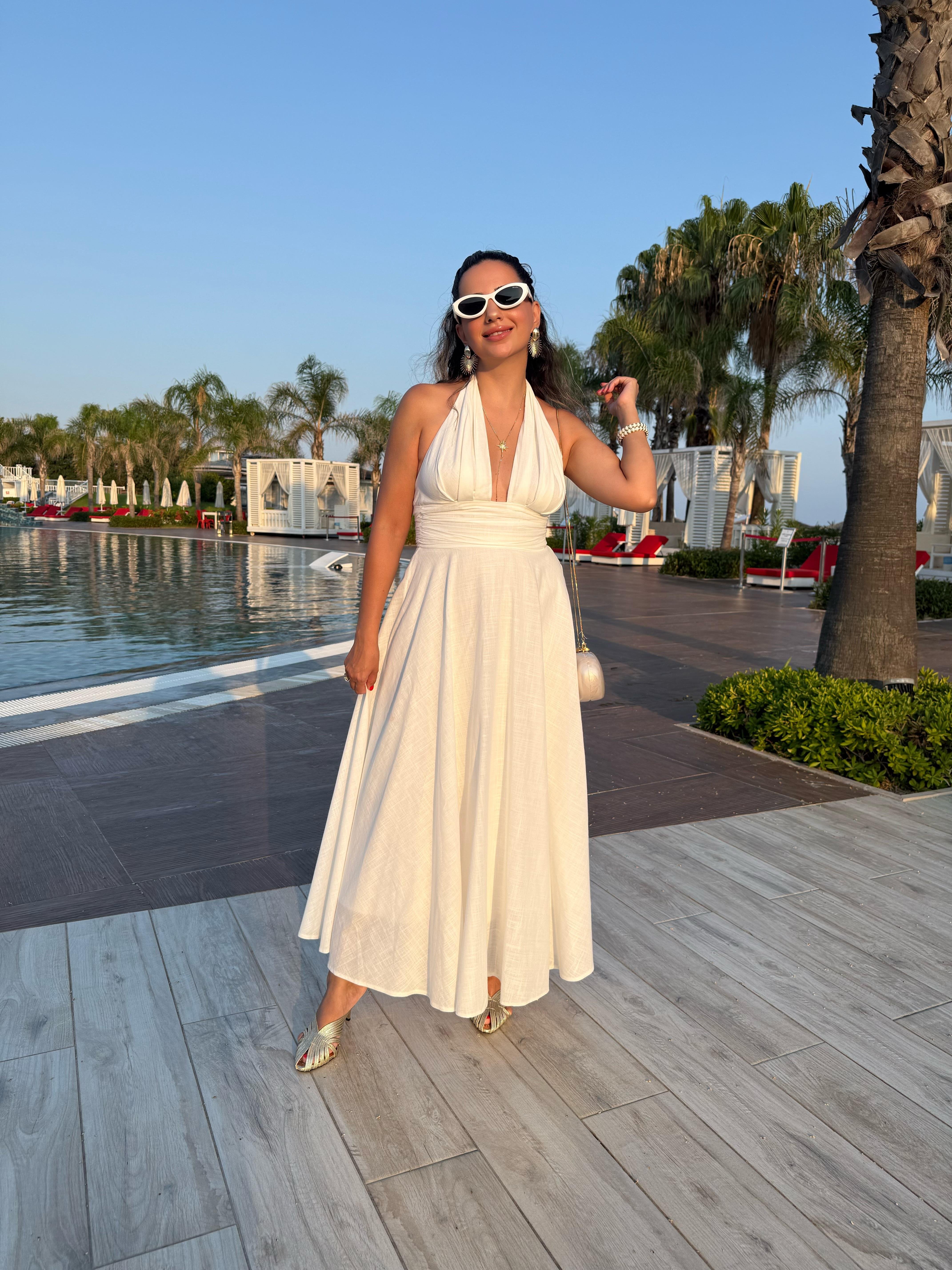 10476 Boyundan Bağlamalı Uzun Elbise