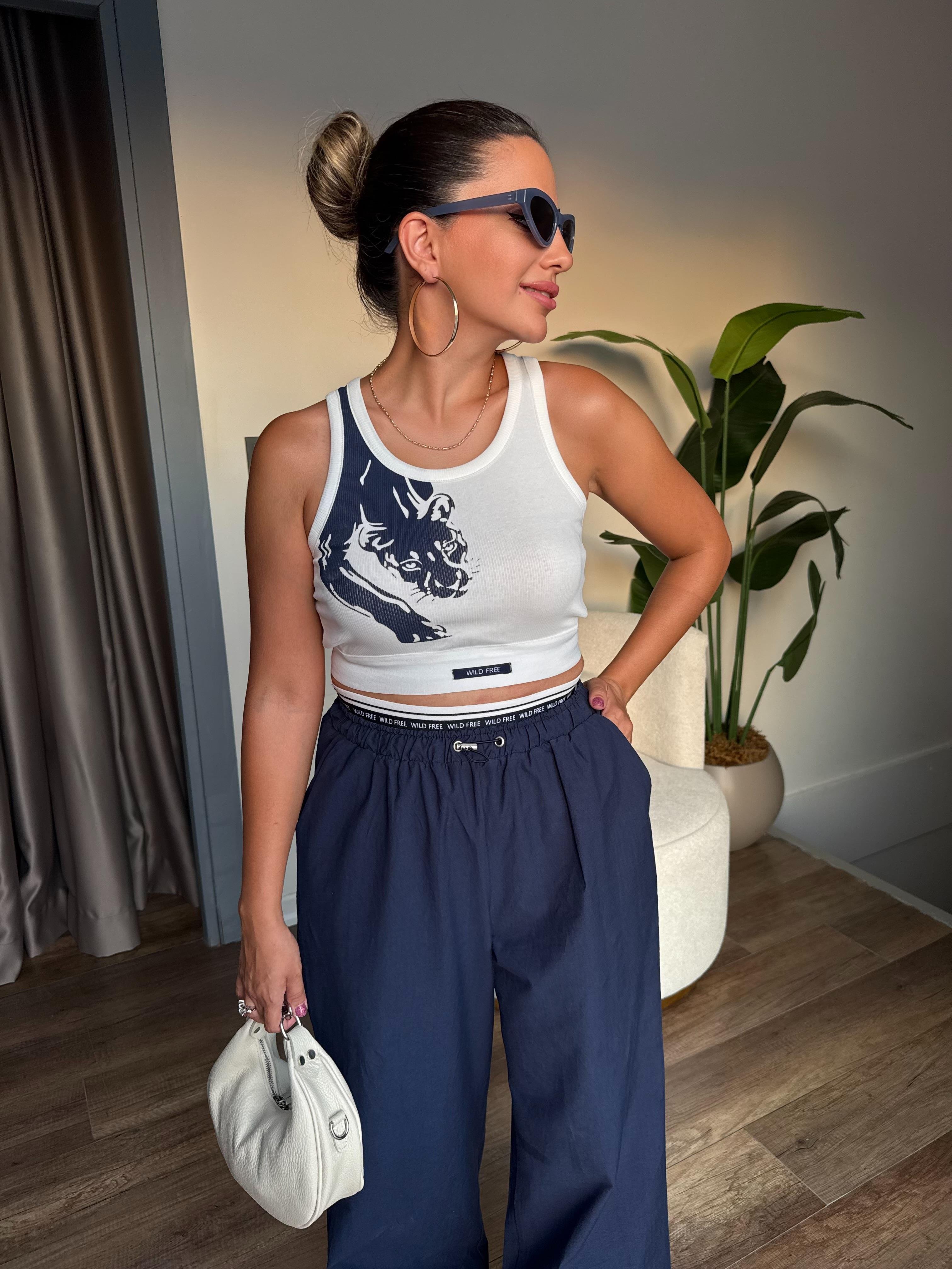10492 Beli Lastikli Bluz Pantolon Takım
