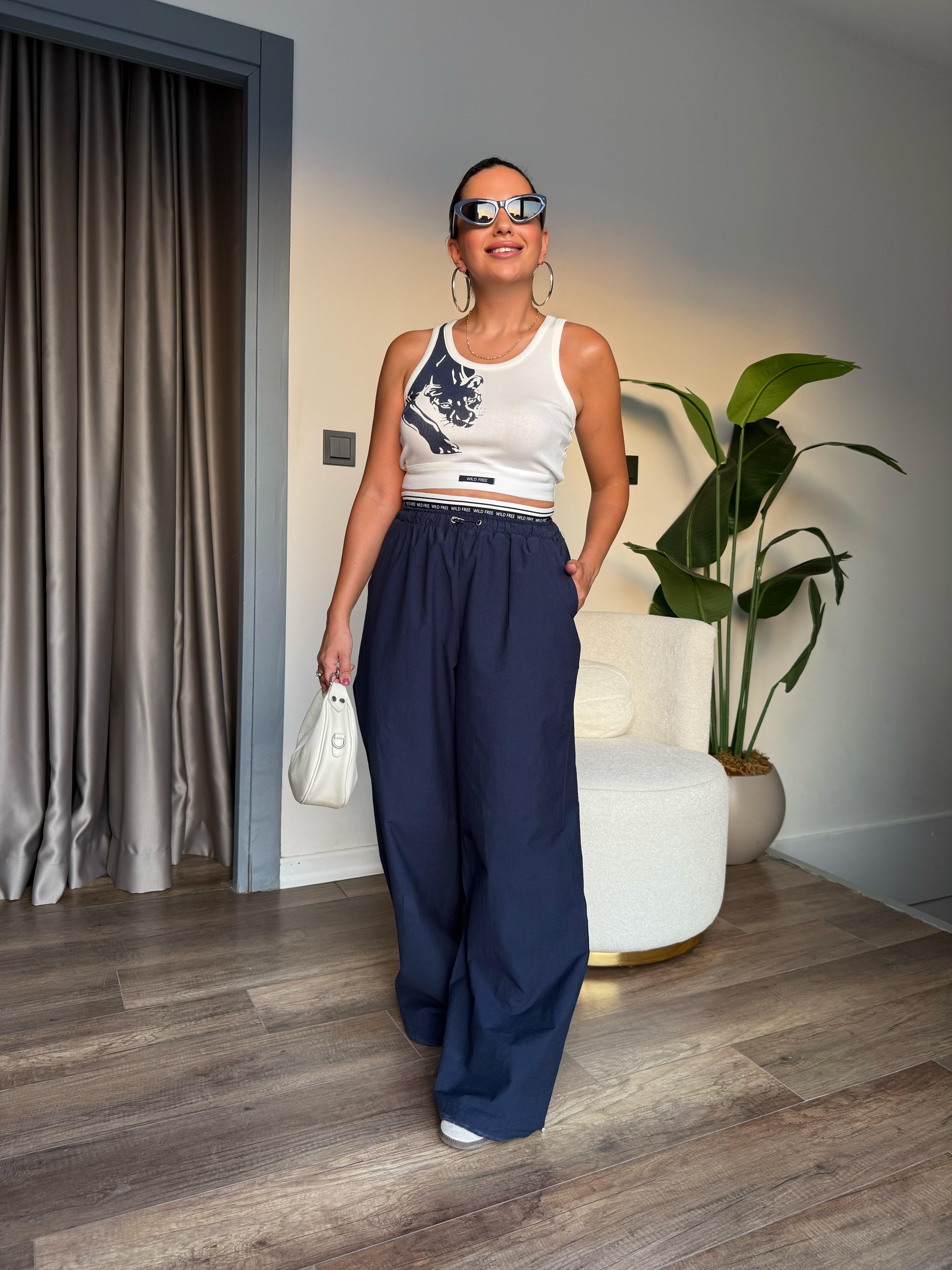 10492 Beli Lastikli Bluz Pantolon Takım