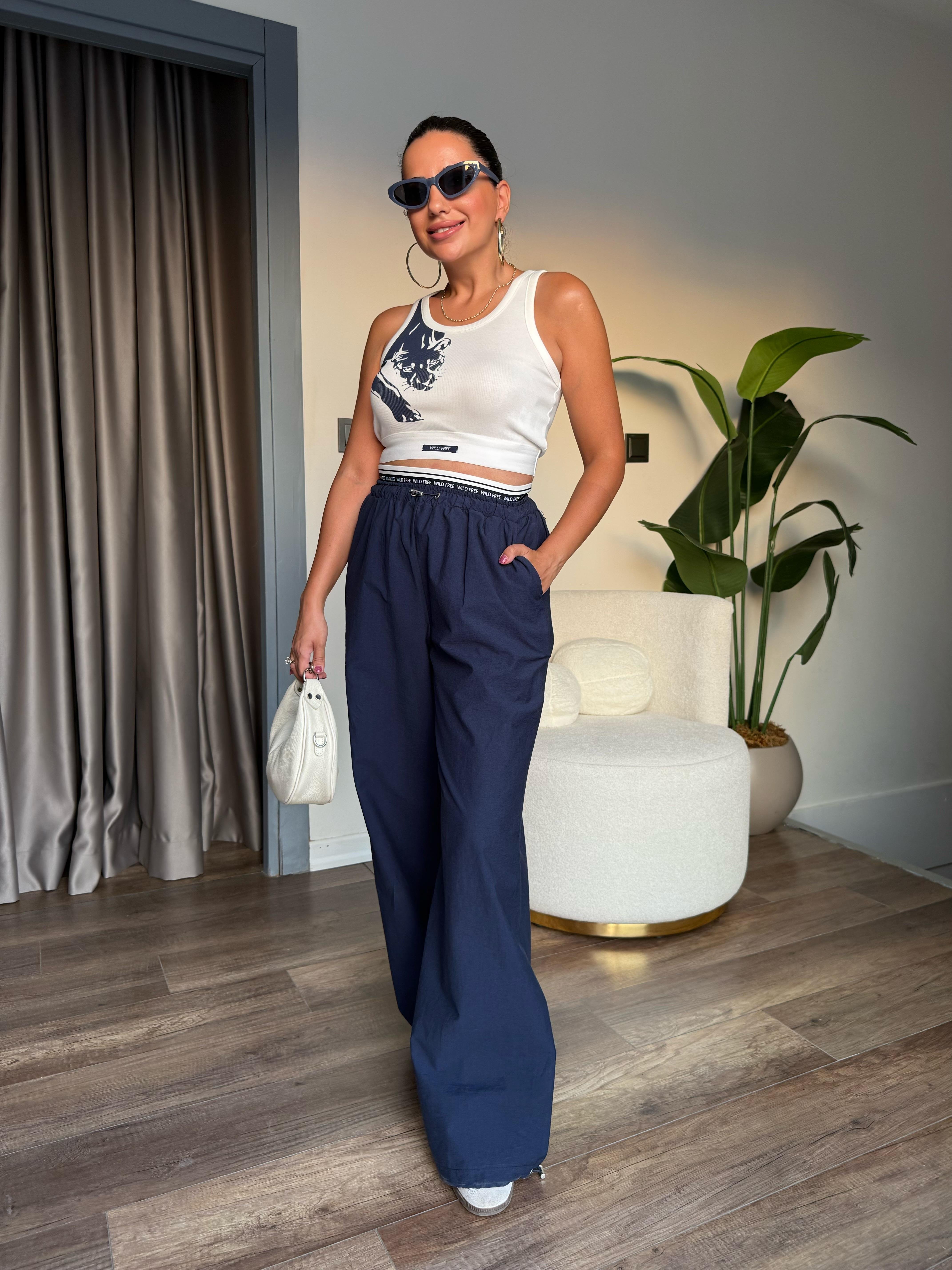 10492 Beli Lastikli Bluz Pantolon Takım