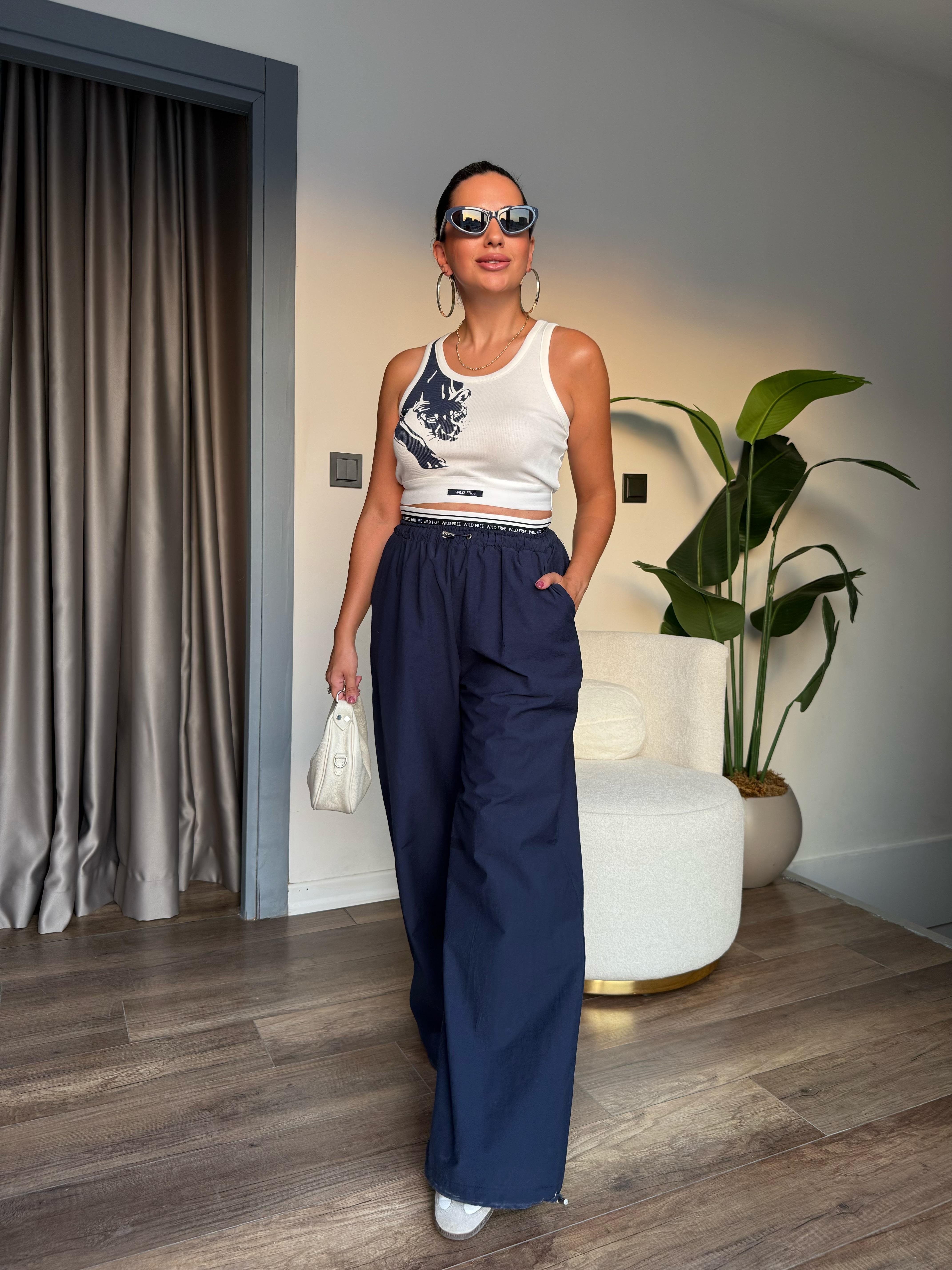 10492 Beli Lastikli Bluz Pantolon Takım